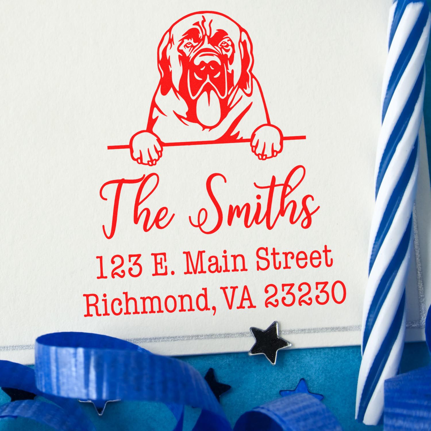 Dog stamp with a wooden handle featuring Mastiffs design, used for customizing home address labels by ESS.