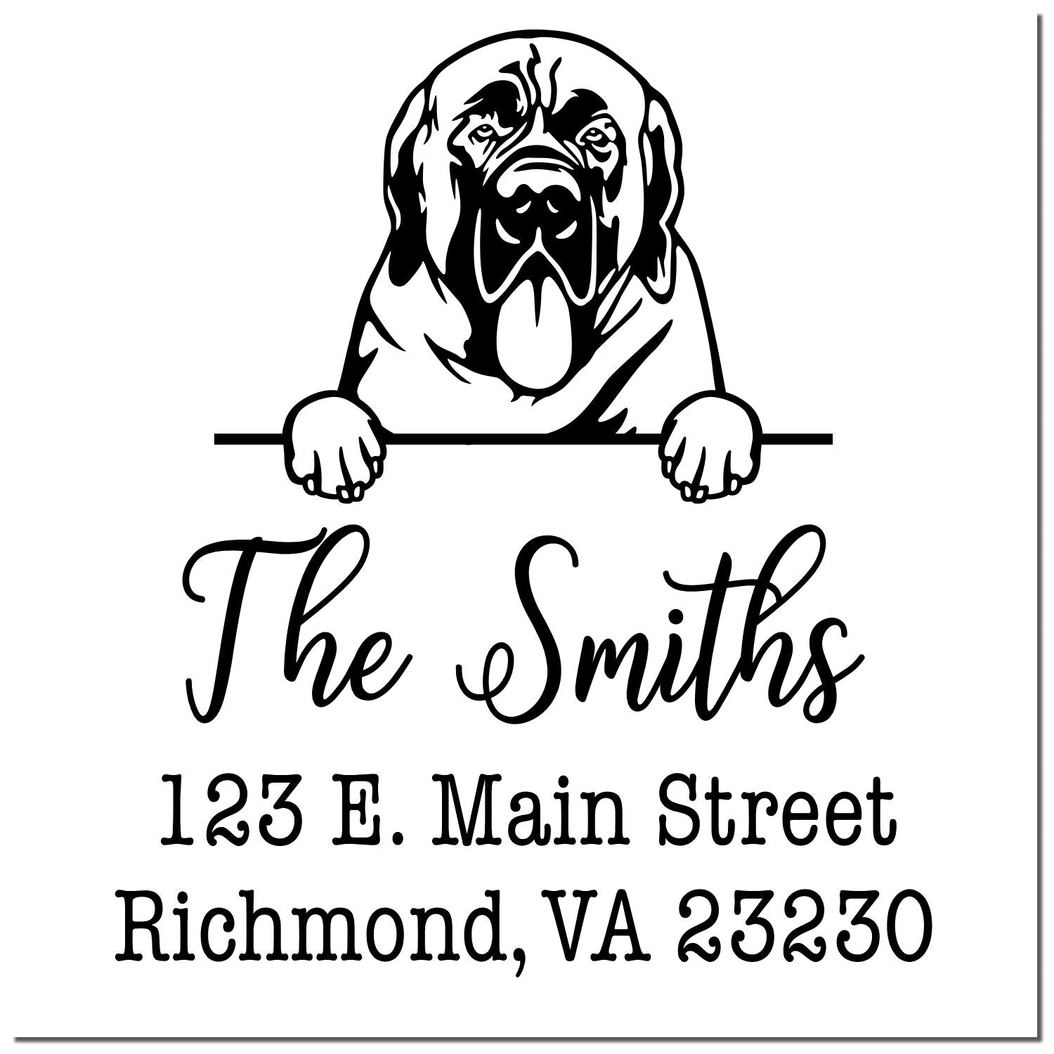 Black rubber dog stamp with a wood handle featuring a customizable Mastiffs home address design by ESS.