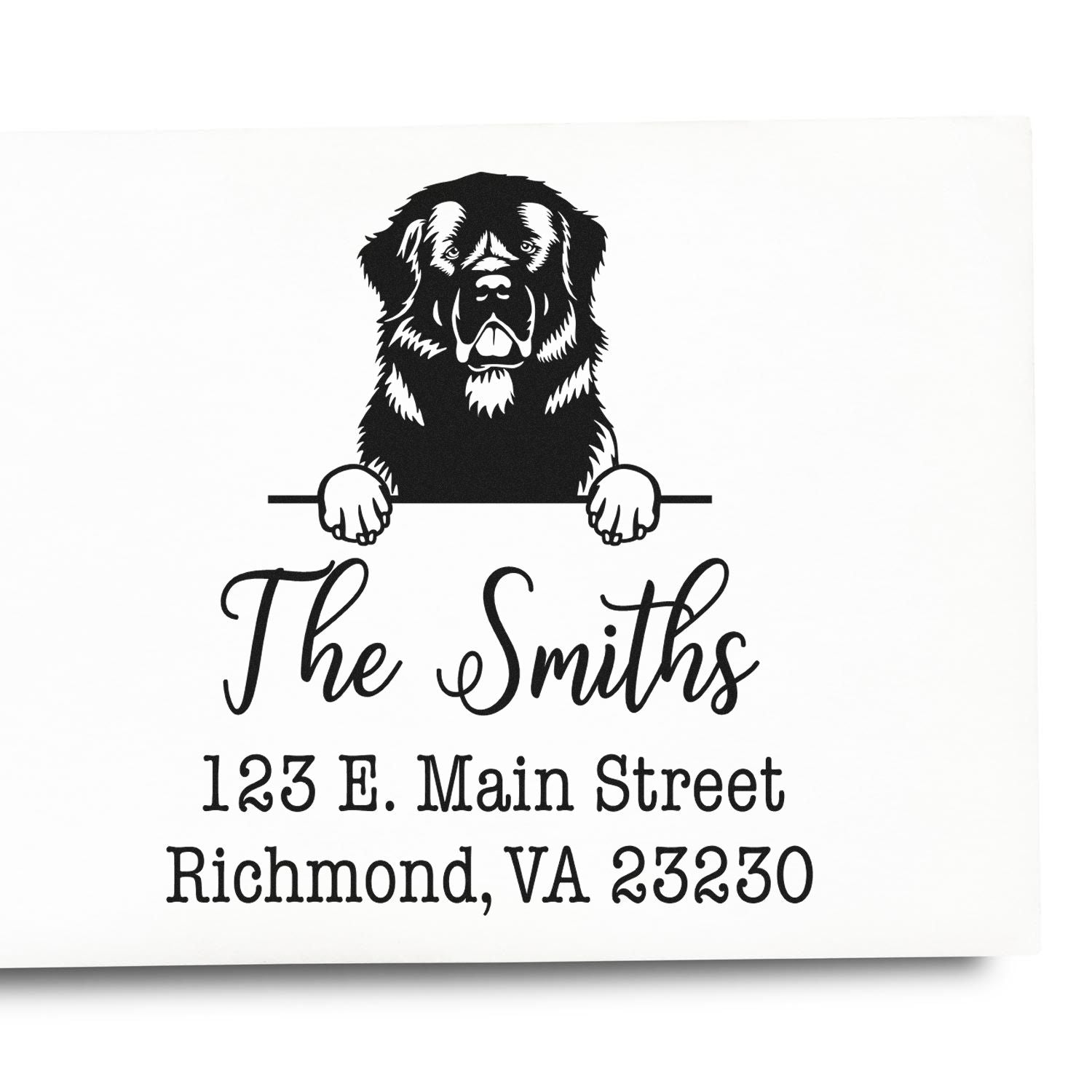 Black custom address stamp with dog seal logo, The Smiths, 123 E. Main Street, Richmond, VA 23230