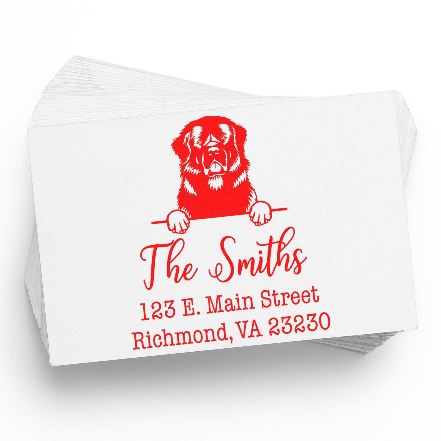 Custom red dog logo return address stamp on white cards for The Smiths, 123 E. Main Street, Richmond, VA 23230.