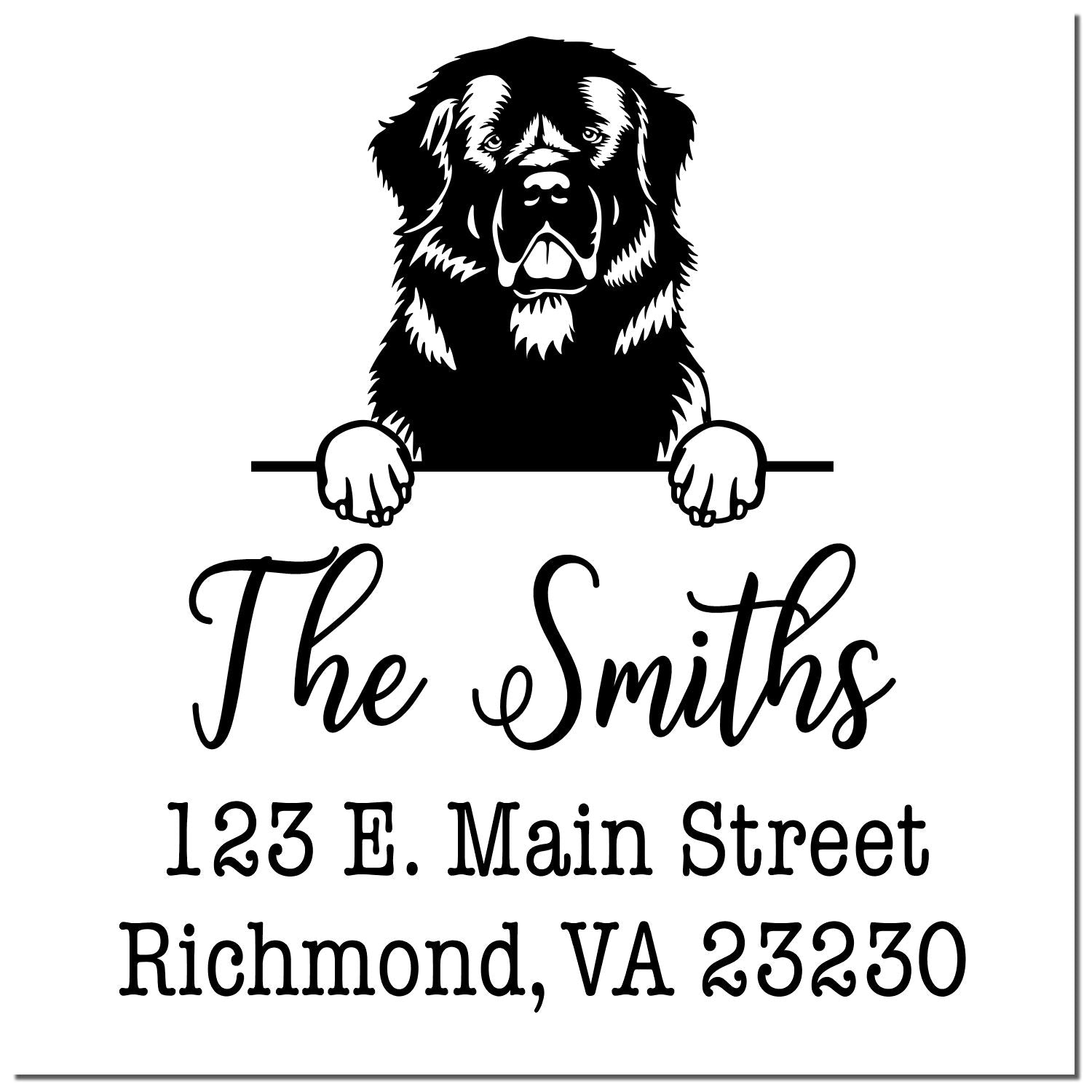 Black-and-white custom address stamp and seal with a dog holding a line, reading The Smiths, 123 E. Main Street, Richmond, VA 23230.