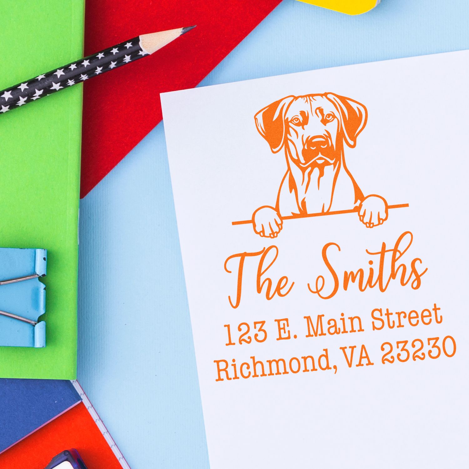 Slim Pre-Inked Rhodesian Ridgeback Personalized Mailing Stamp - Engineer Seal Stamps