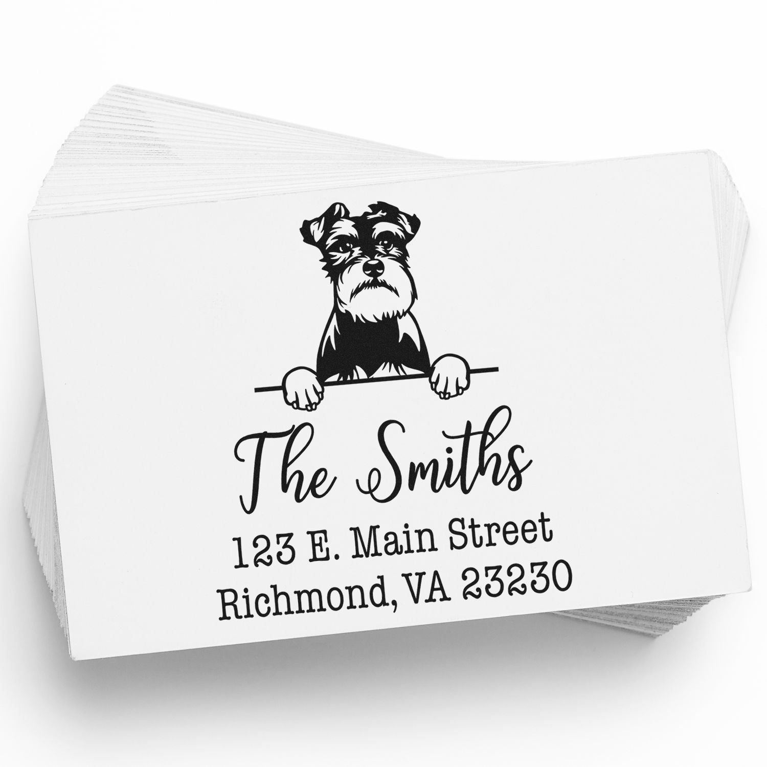 Custom black-and-white address stamp and seal cards featuring a dog peeking over a line, with The Smiths and Richmond, VA address.
