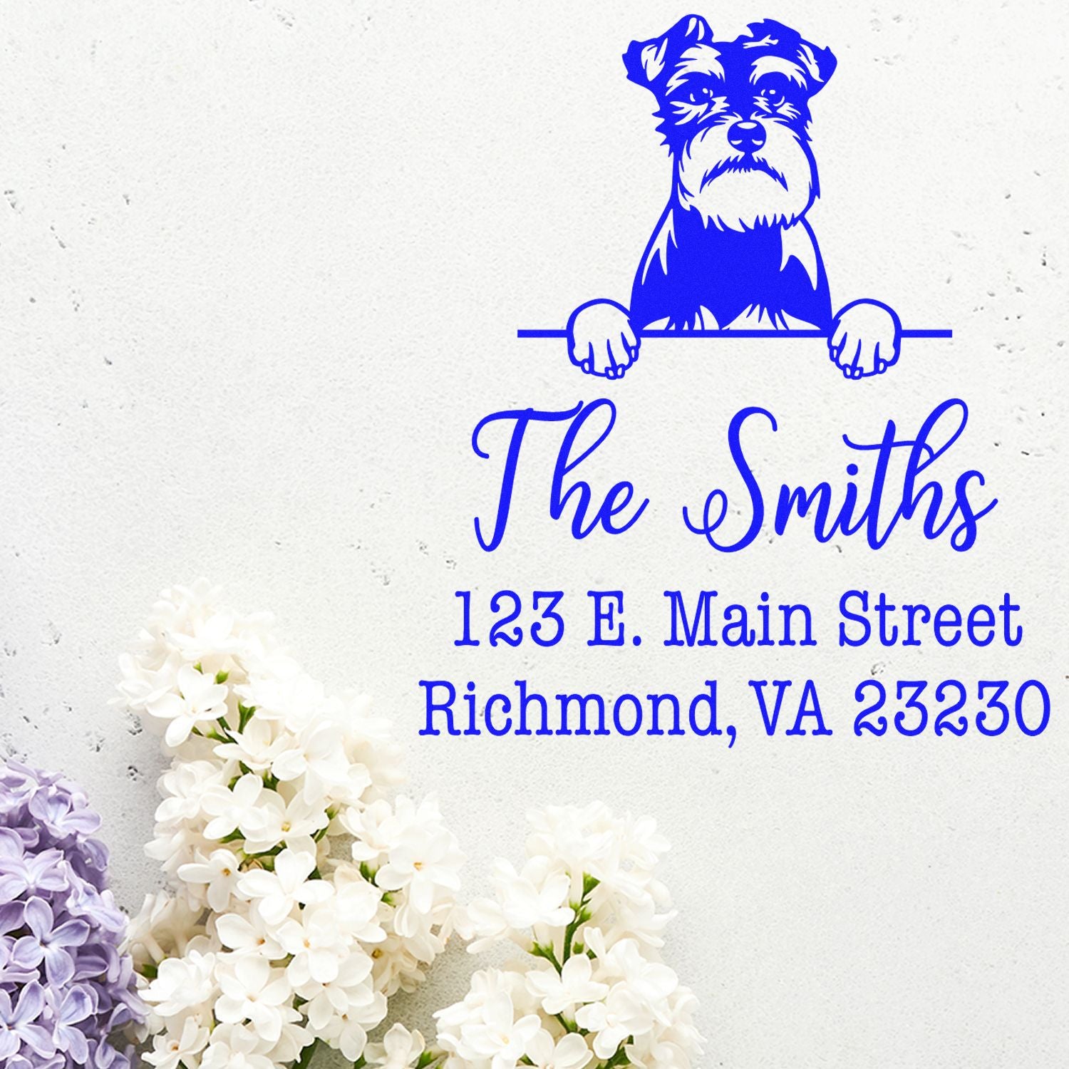 Blue custom address stamp seal with Schnauzer dog, The Smiths, and Richmond, VA on white background with flowers.