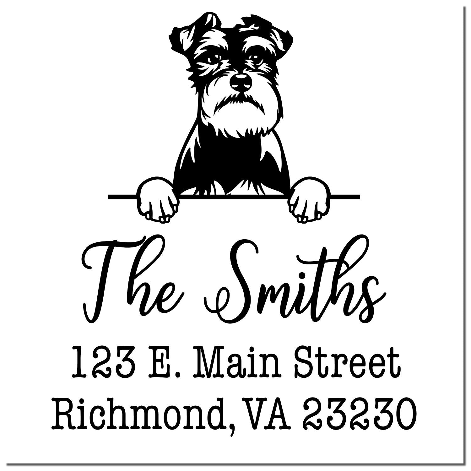 Black-and-white custom stamp seal with schnauzer, The Smiths, and address: 123 E. Main Street, Richmond, VA 23230.