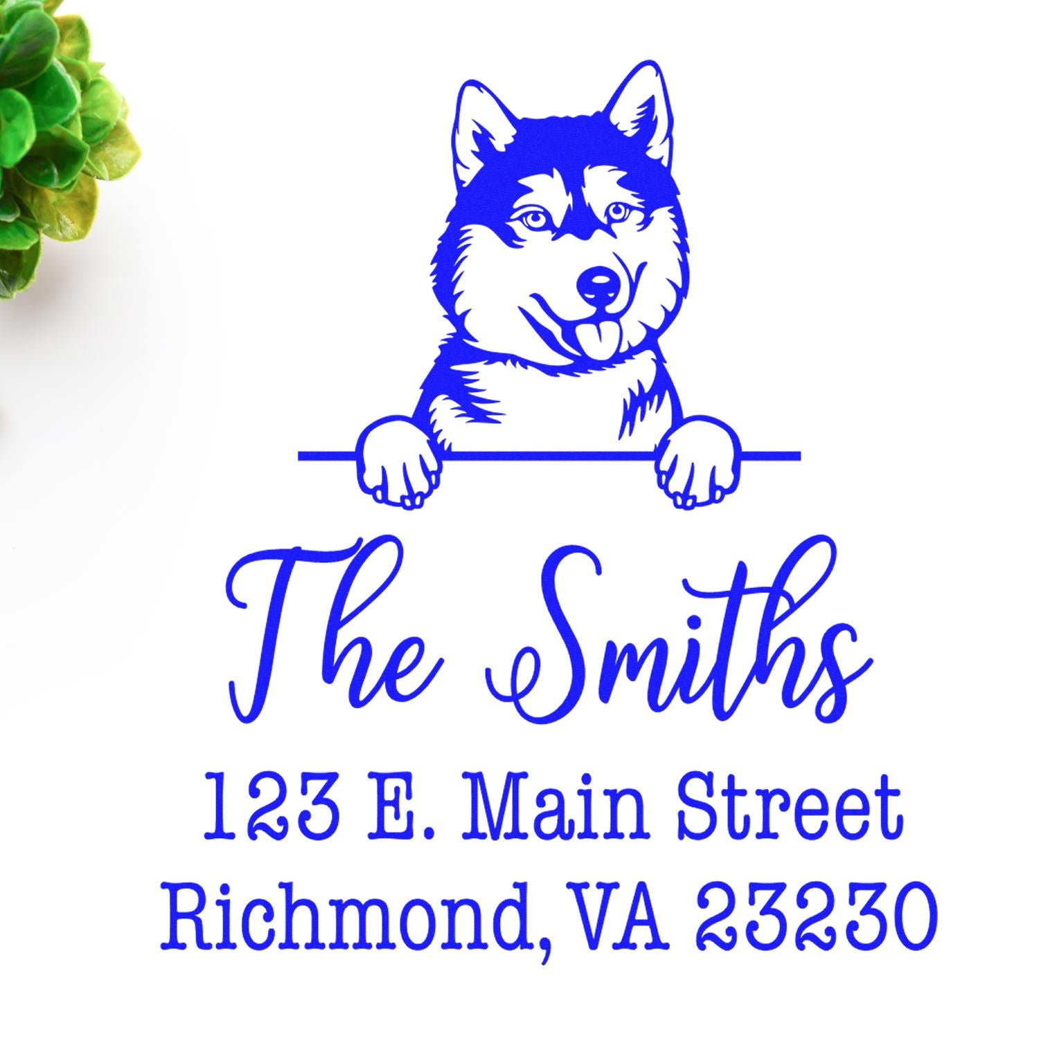 Blue husky custom stamp and seal with The Smiths, 123 E. Main Street, Richmond, VA 23230