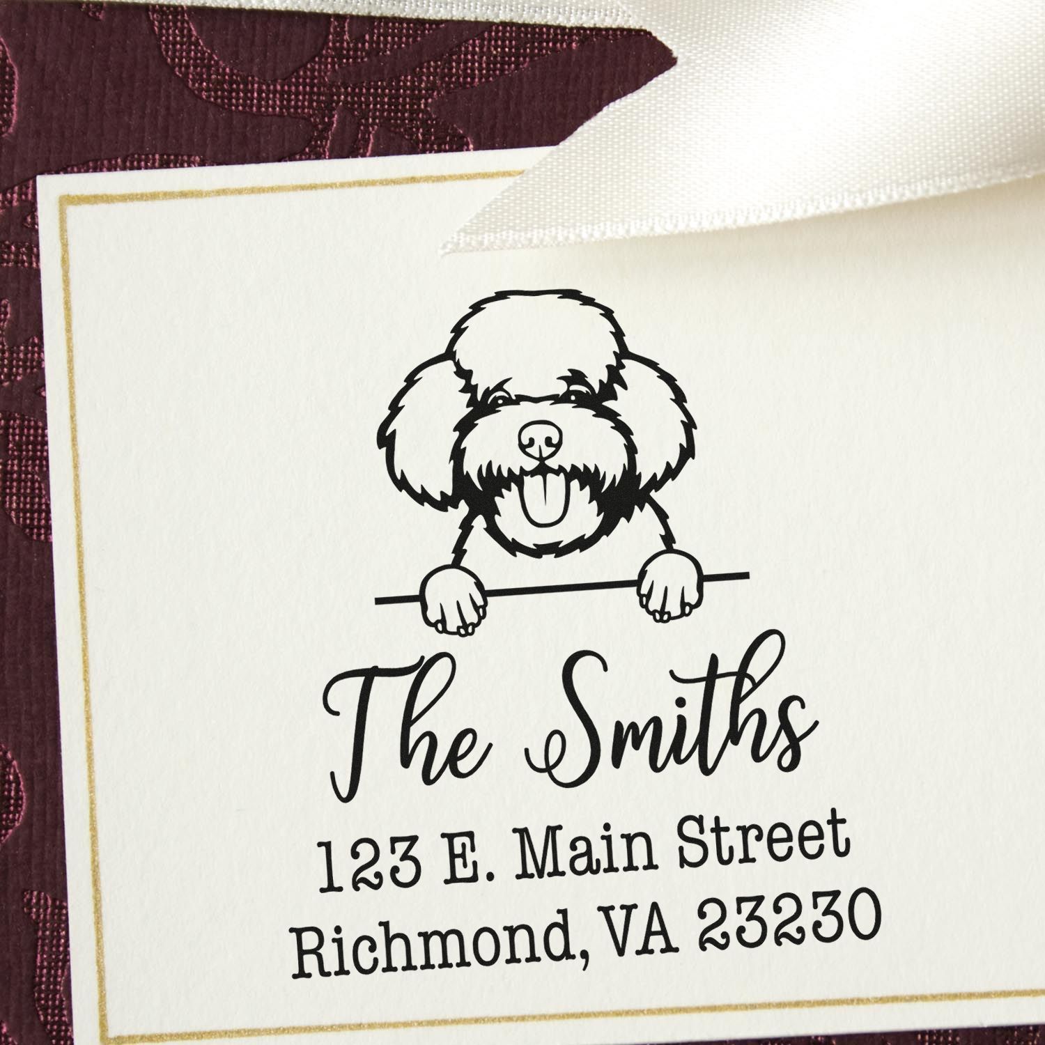 Custom black dog stamp seal on white card with gold border, The Smiths name and Richmond, VA address on burgundy background.