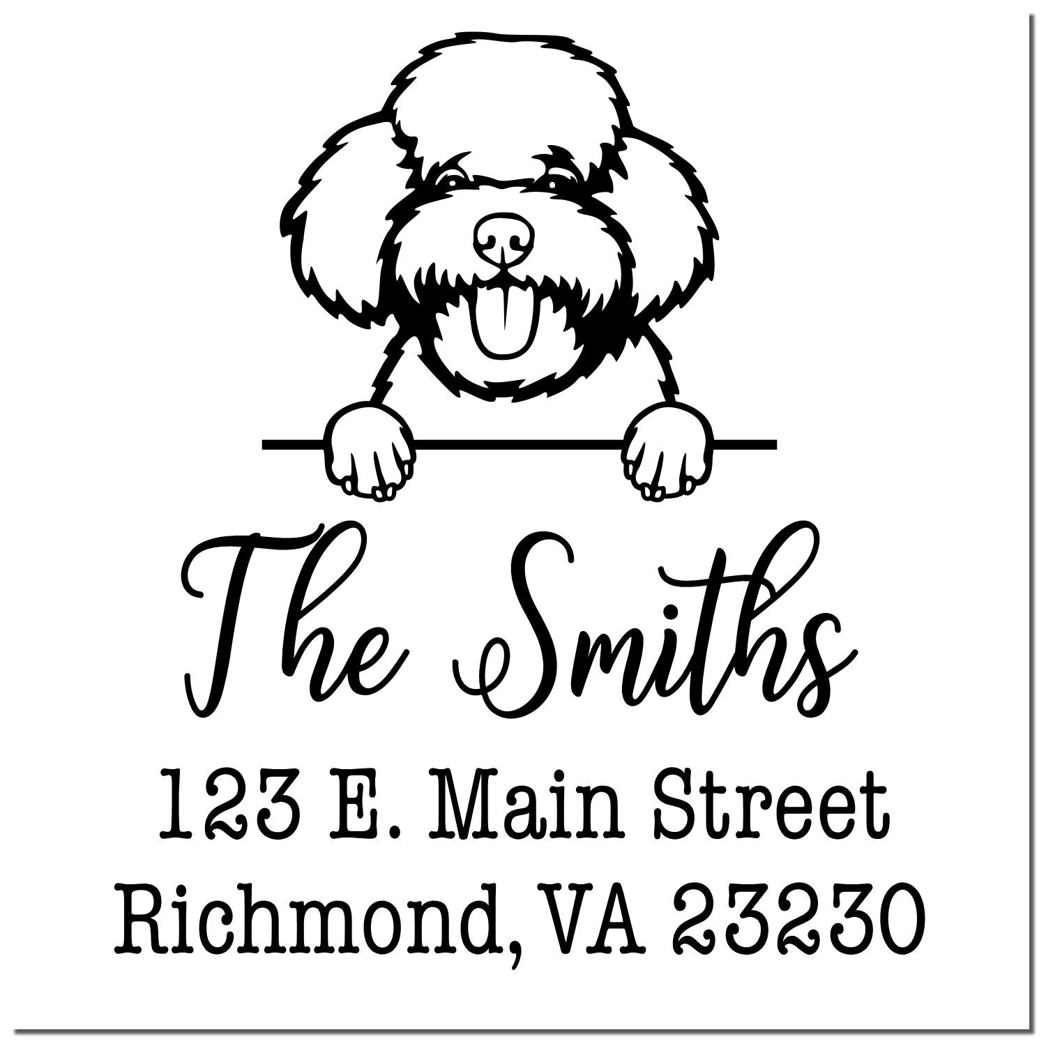 Black-and-white custom address stamp with poodle logo, The Smiths, and 123 E. Main Street, Richmond, VA 23230.