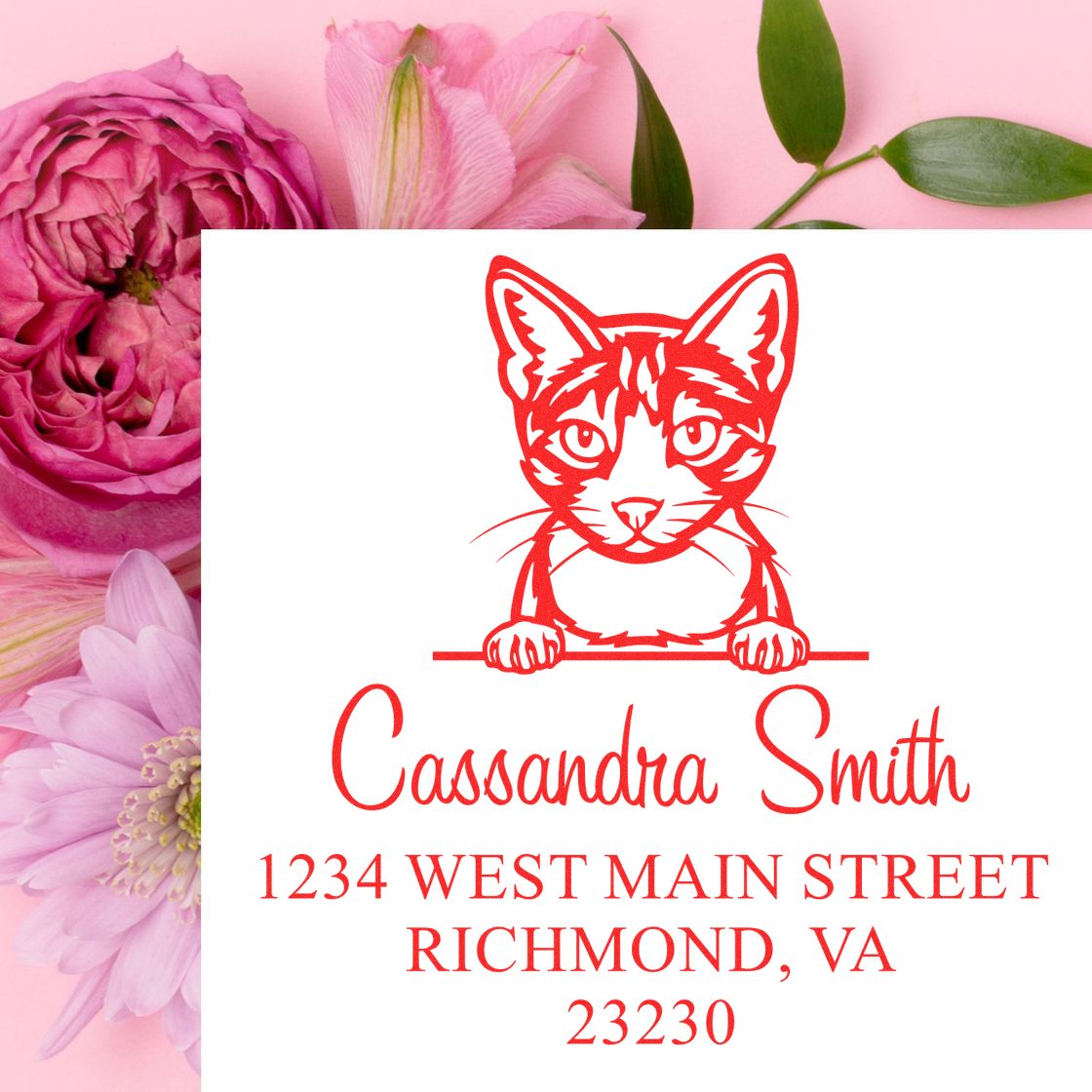 Red cat custom return address stamp and seal on white card, with Cassandra Smith and Richmond, VA address on pink floral background.