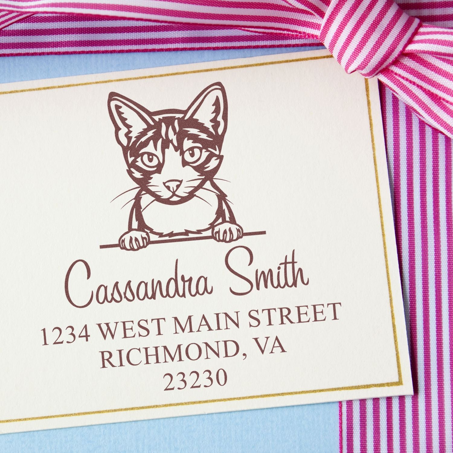 Custom cat address stamp/seal in brown on cream card with gold border, pink striped ribbon, and light blue backing
