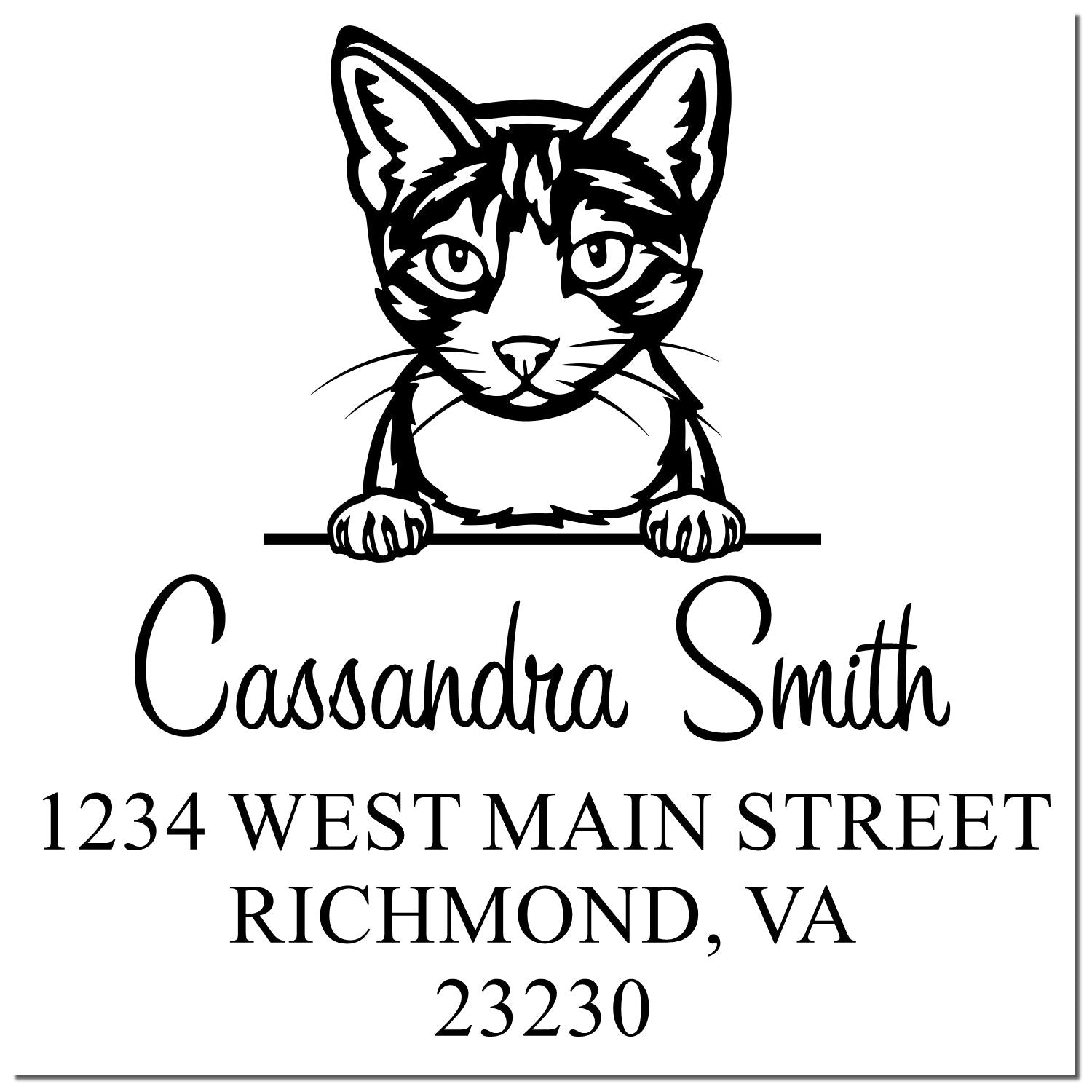 Black-and-white custom return address stamp with cat seal, Cassandra Smith, 1234 West Main Street, Richmond, VA 23230