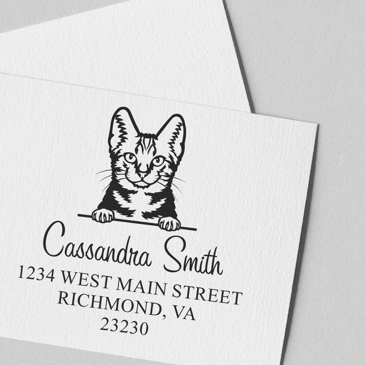 Black custom stamp and seal with cat illustration, Cassandra Smith name, and Richmond, VA address on white textured paper.