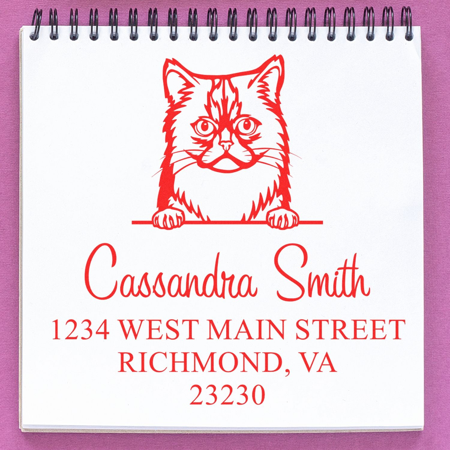 Custom red cat stamp and seal for Cassandra Smith with address 1234 West Main Street, Richmond, VA 23230 on white spiral notebook.