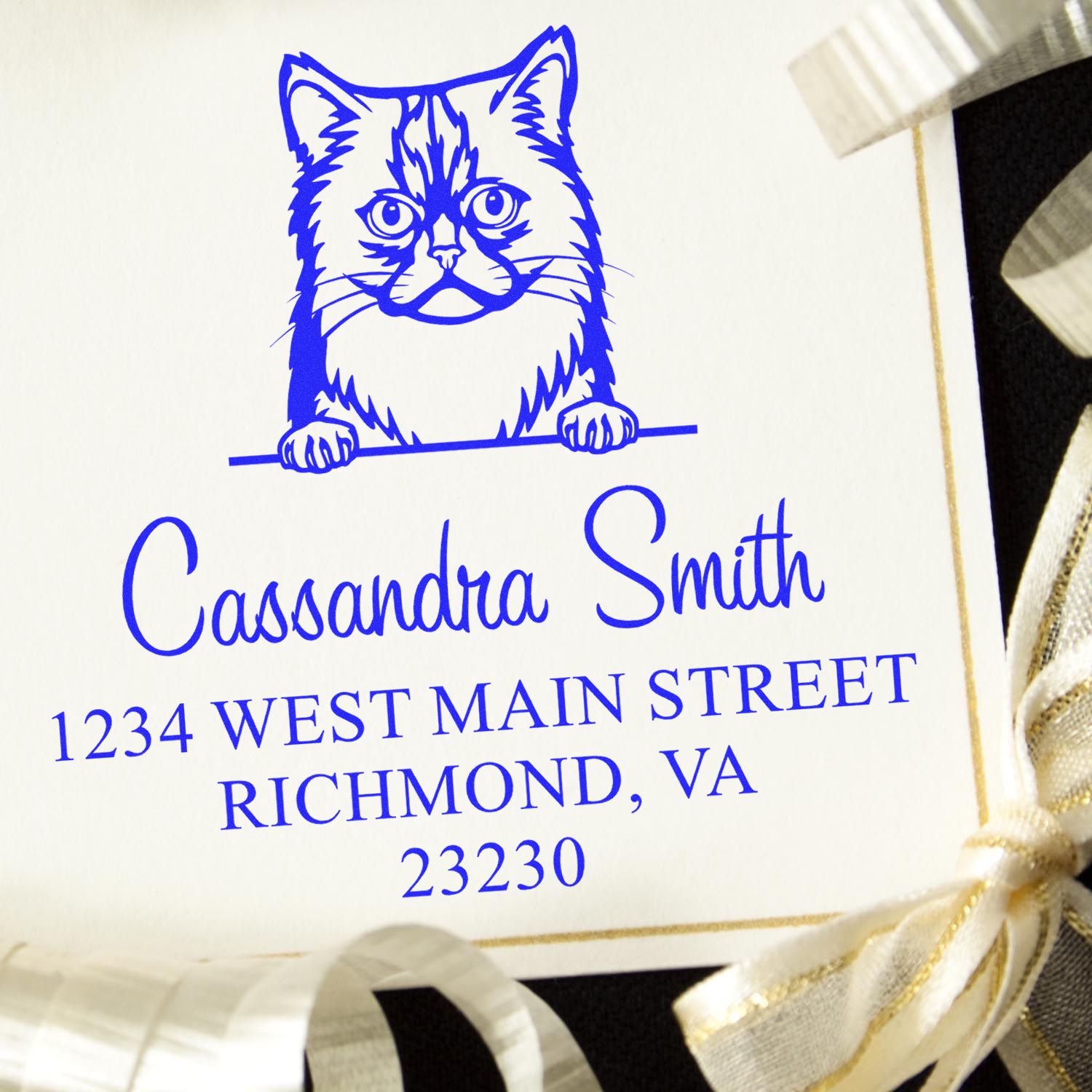 Wood Handle Asian Semi Longhair Cat Address Stamps Personalized 3 Lines Stamp