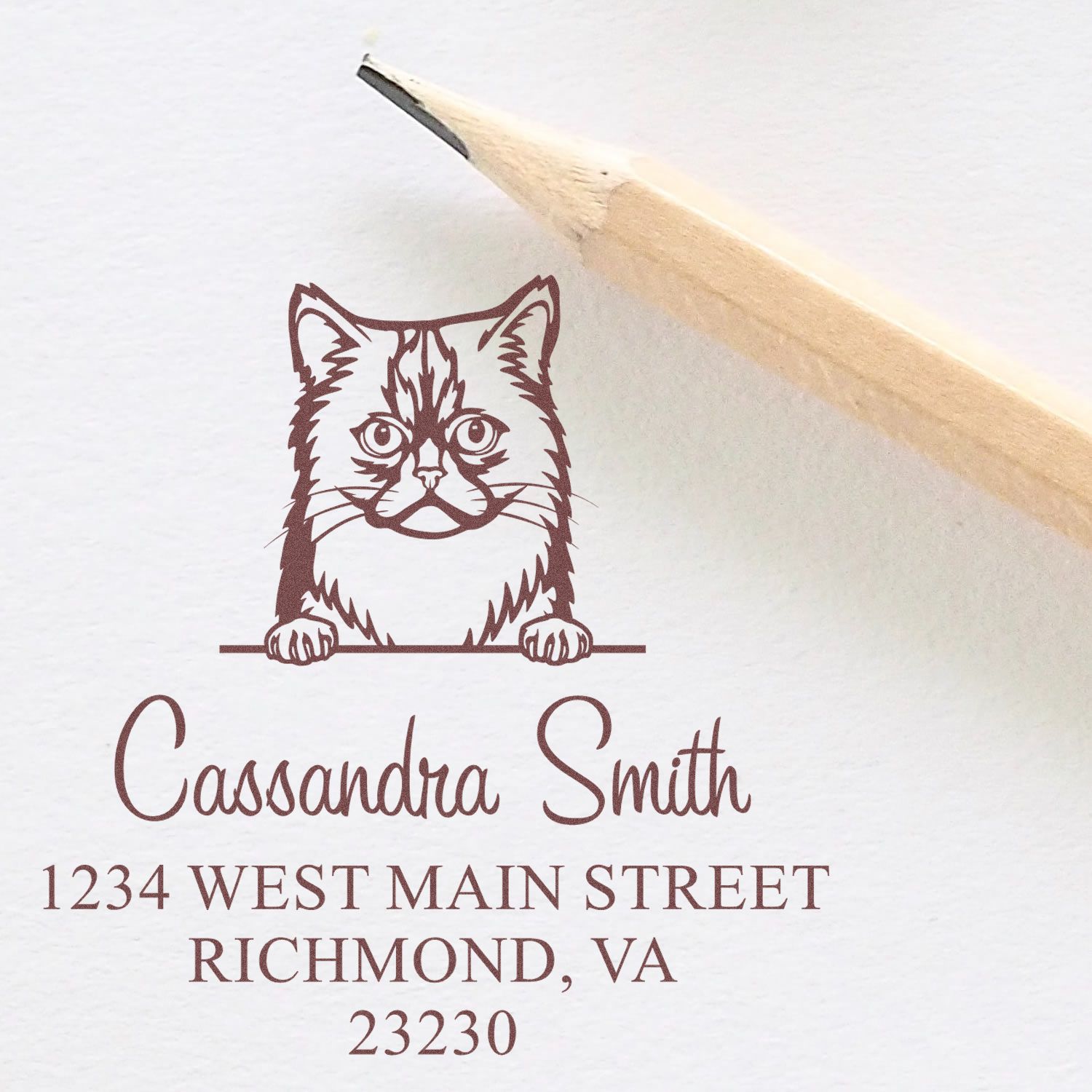 Brown cat logo address stamp with pencil tip, Cassandra Smith, 1234 West Main Street, Richmond, VA 23230