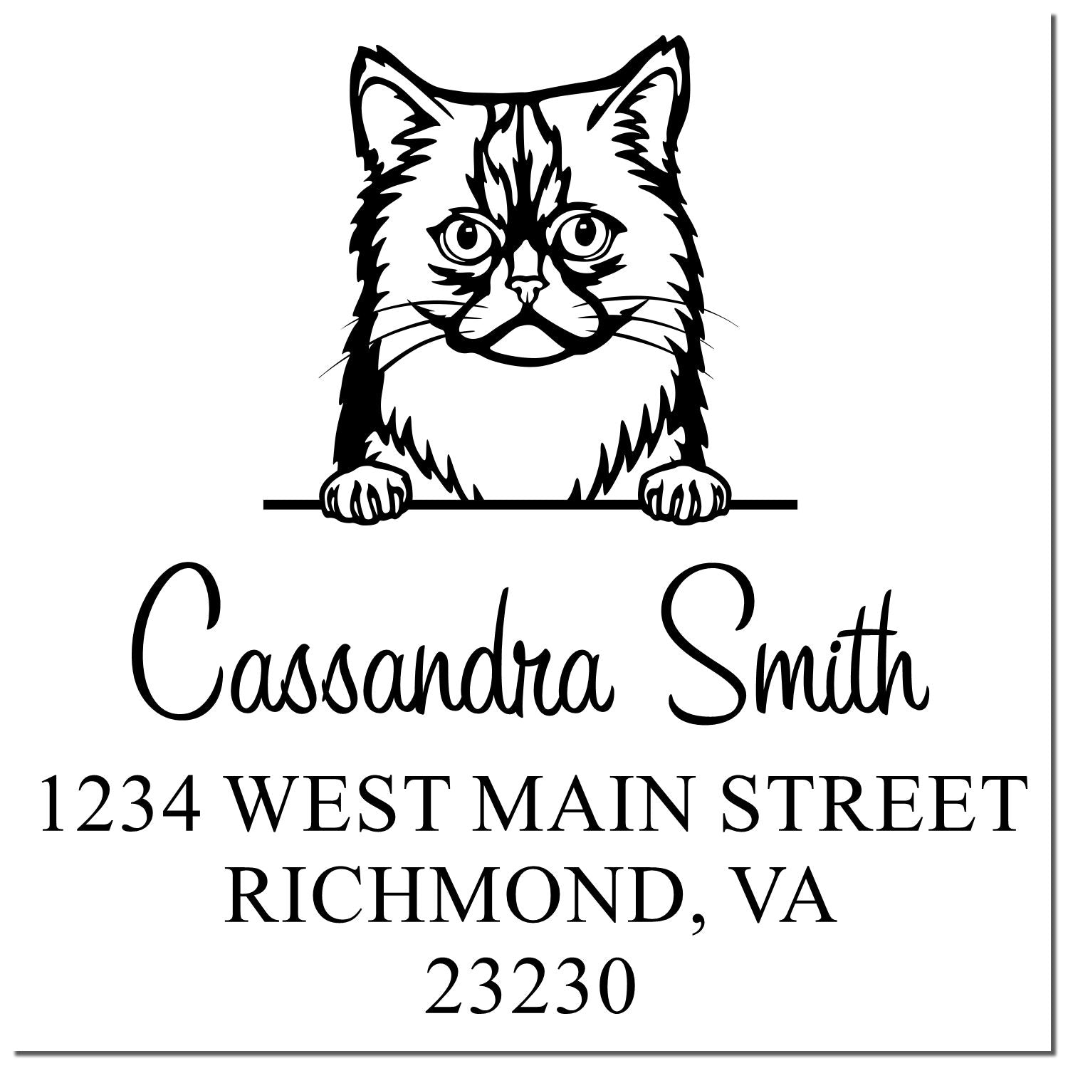 Black-and-white custom self-inking stamp and seal with cat illustration, Cassandra Smith, and Richmond, VA 23230.