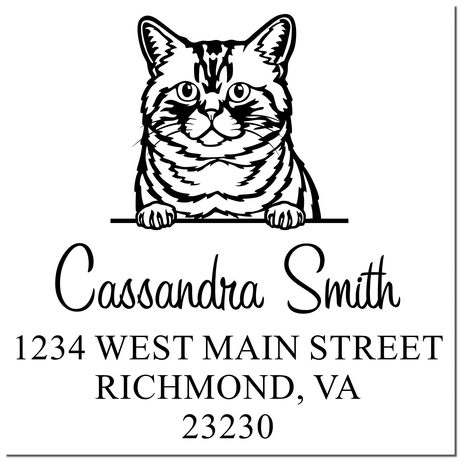 Black-and-white custom stamp seal with cat illustration, Cassandra Smith, and Richmond, VA address.