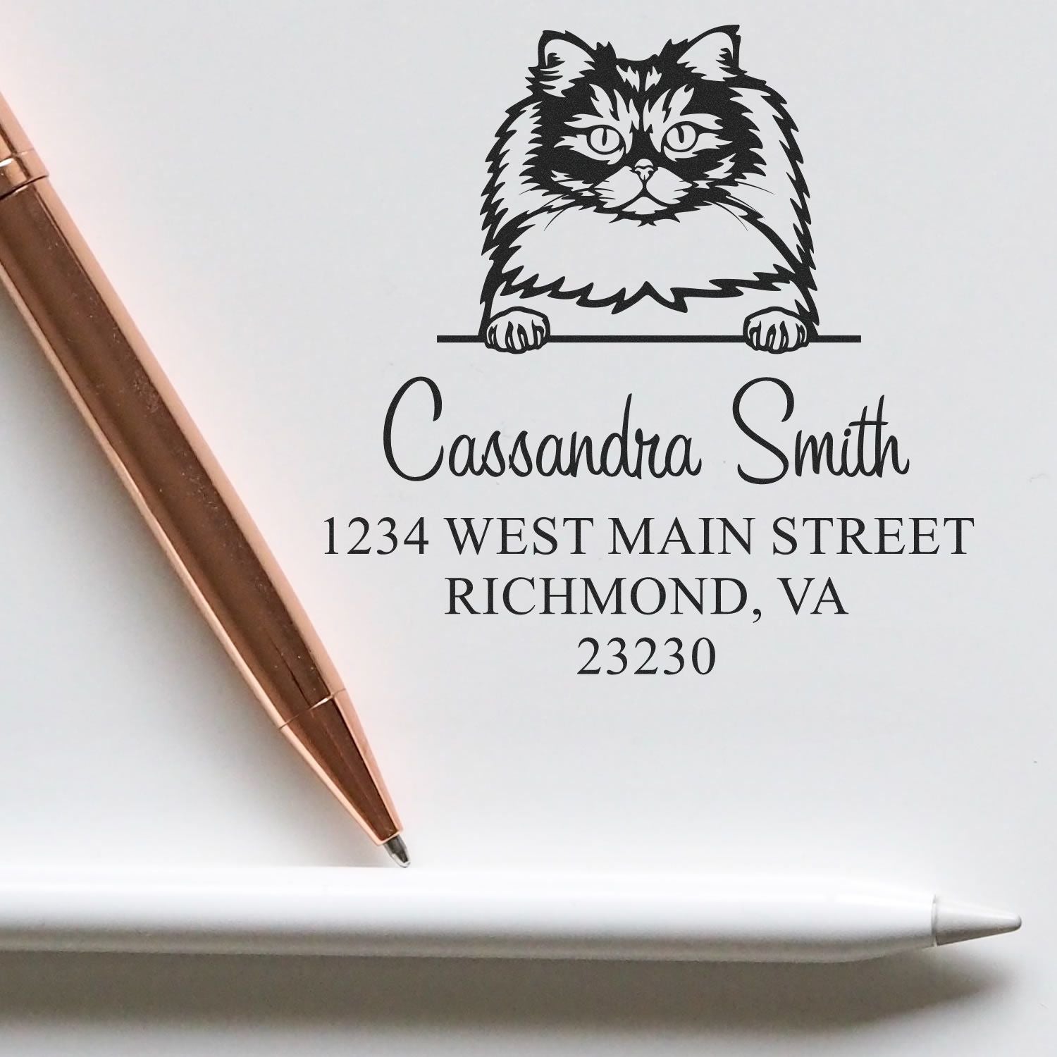 Personalized black cat address stamp and sealing wax set on white, with rose gold pen; Cassandra Smith, Richmond, VA