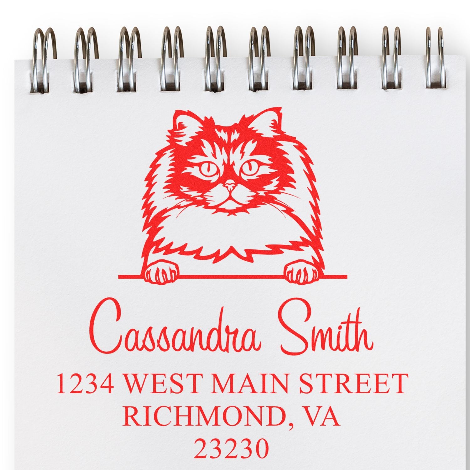 Red custom cat address stamp and seal design on white spiral notebook page.