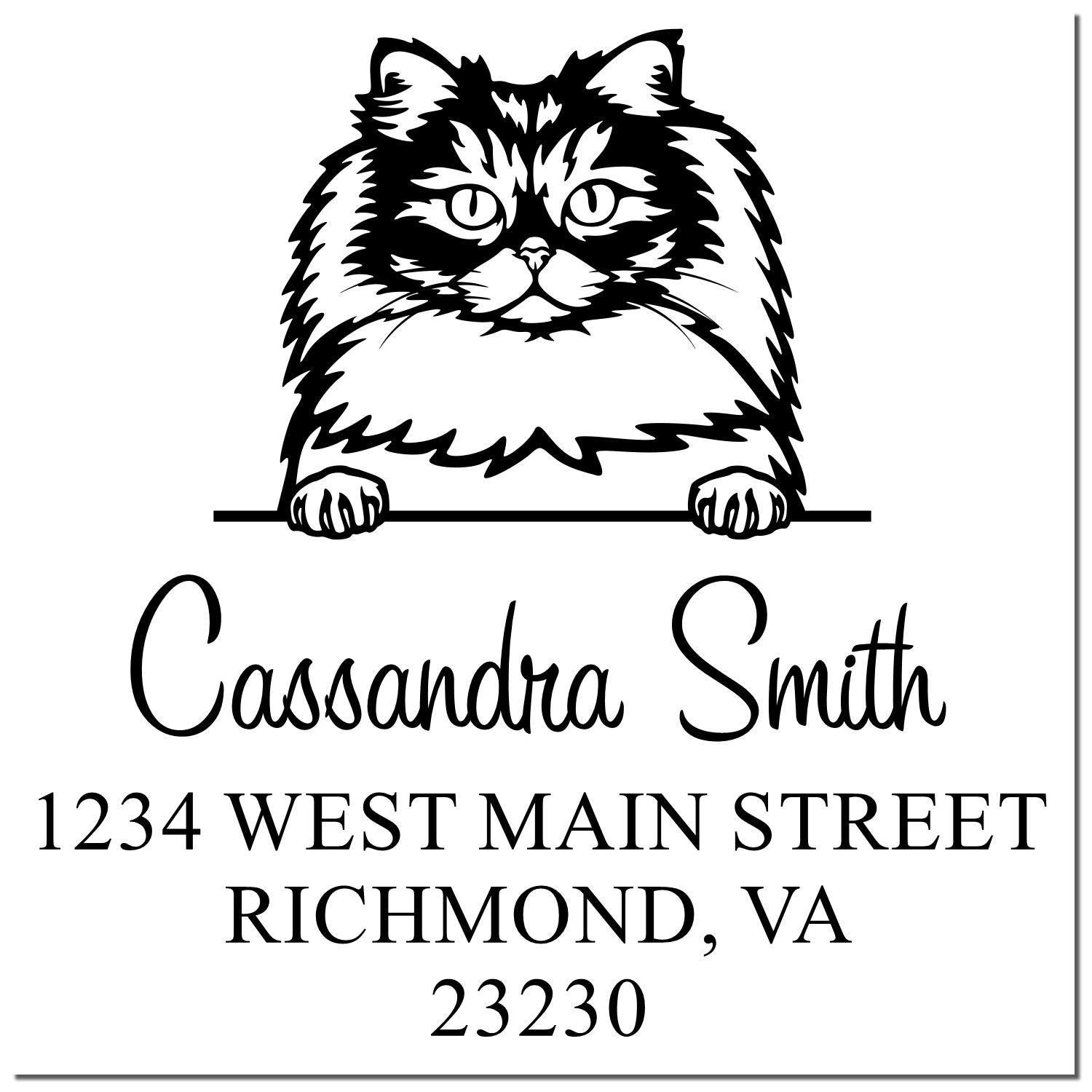 Black cat address stamp seal for Cassandra Smith, with 1234 West Main Street, Richmond, VA 23230.