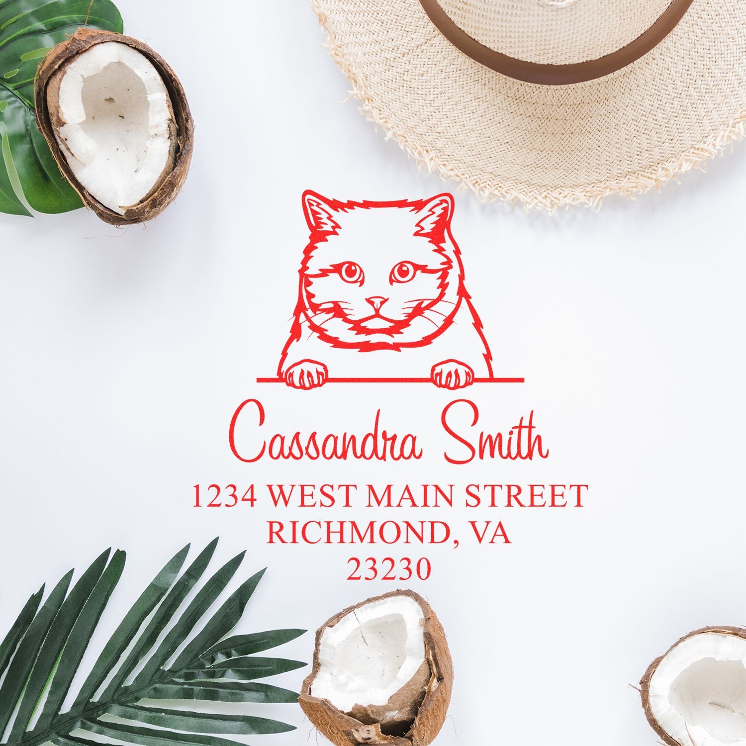 Red cat address stamp seal for Cassandra Smith with Richmond, VA address on white, framed by coconut halves and palm leaves.