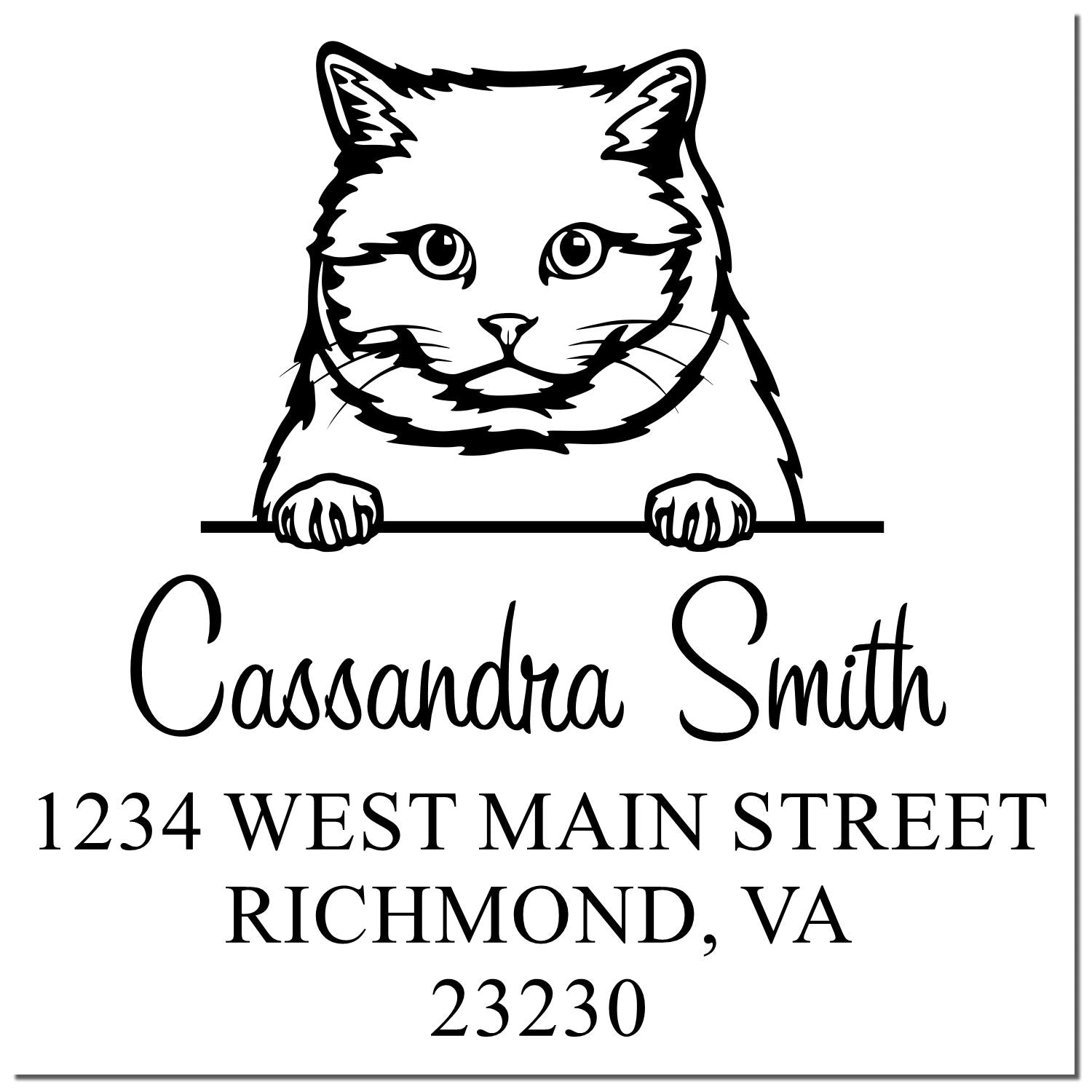Custom black-and-white stamp seal with cat illustration, Cassandra Smith, and Richmond, VA 23230