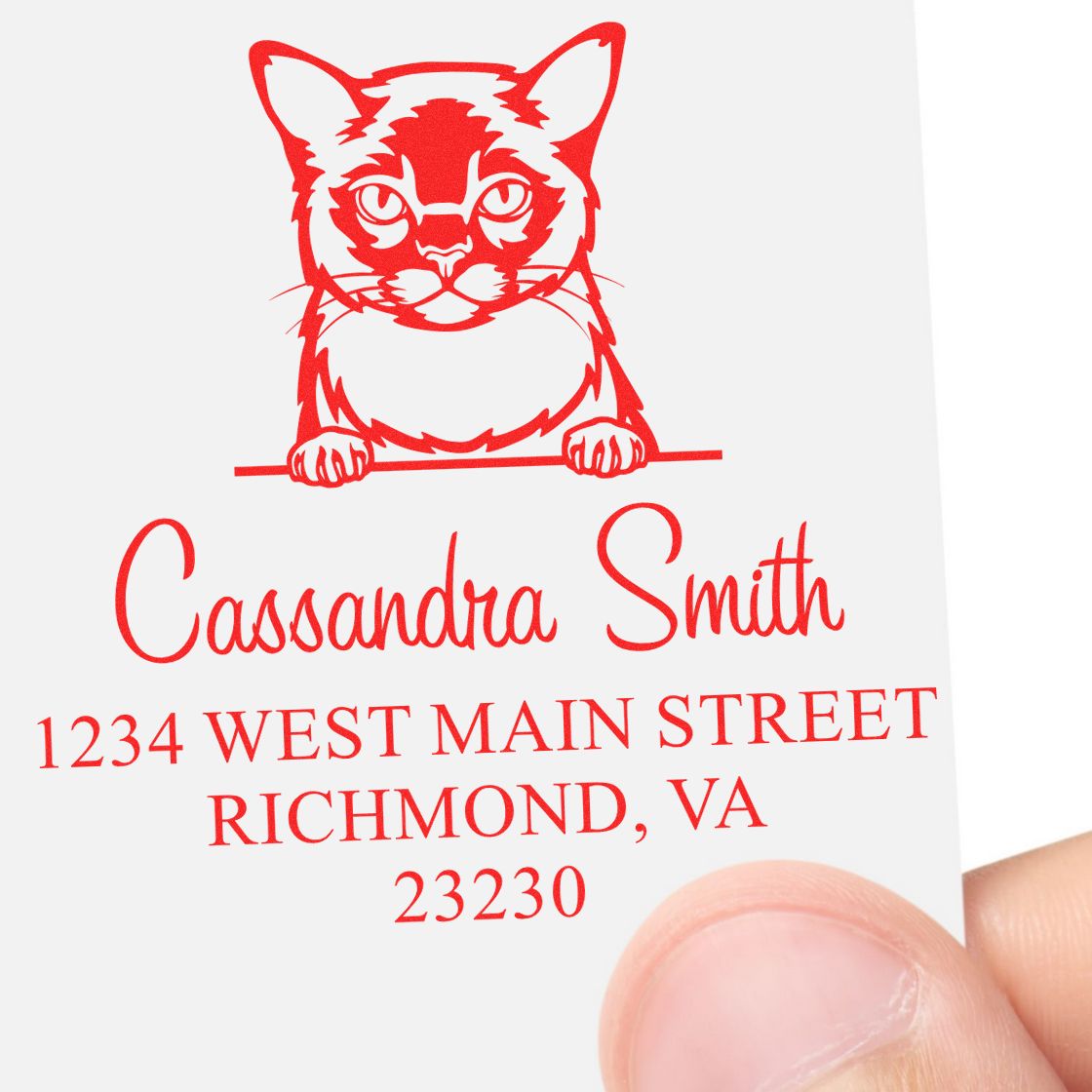 Red cat custom address stamp seal with Cassandra Smith and Richmond, VA on a white card.