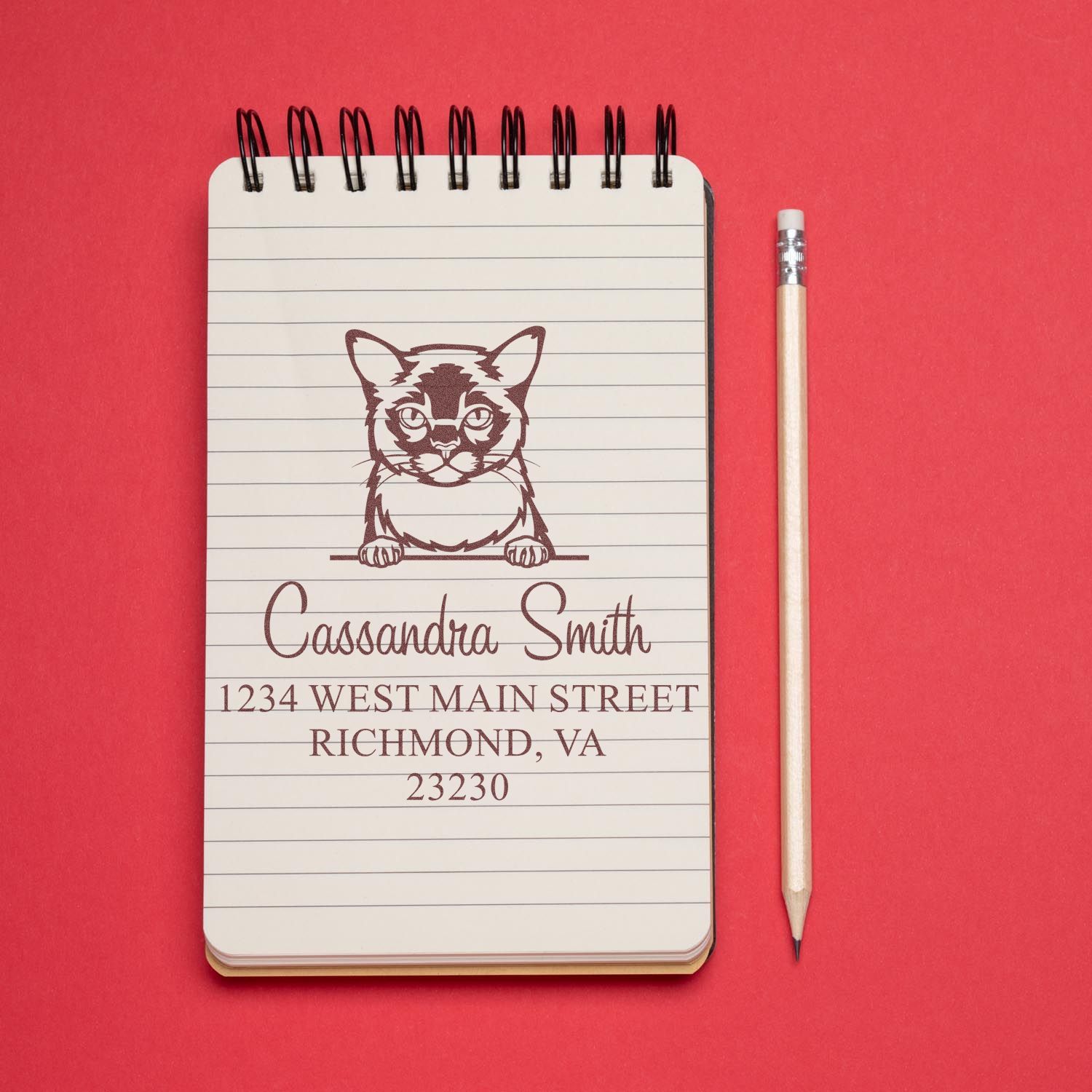 Custom cat address stamp/seal on a lined notepad with pencil, brown lettering on white paper against a bright red background.