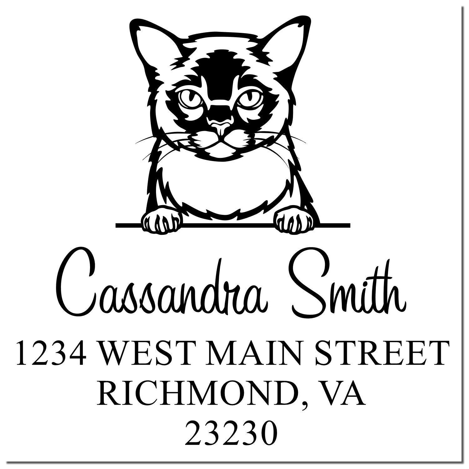 Black-and-white custom address stamp and seal with cat illustration, Cassandra Smith, and Richmond, VA 23230.