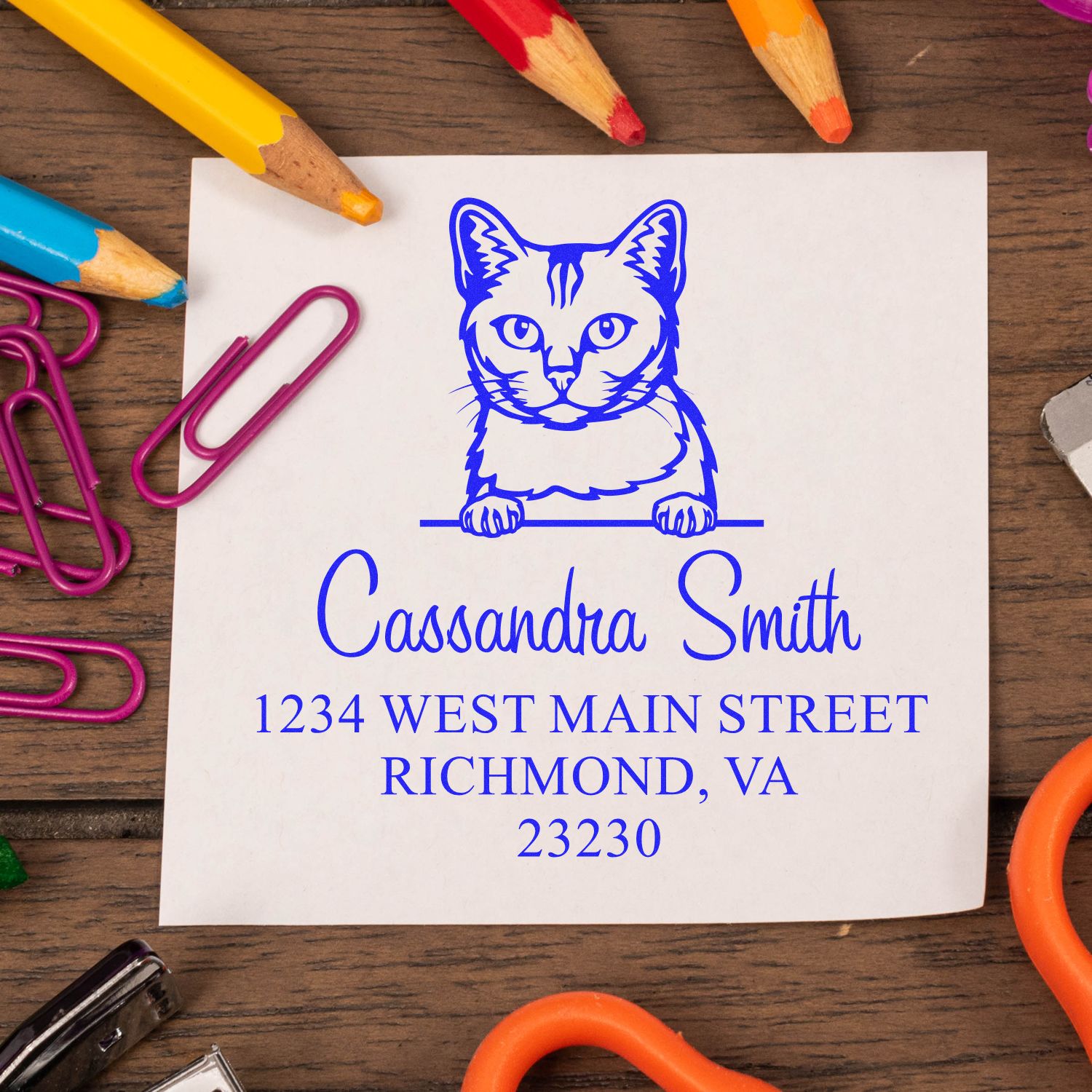 Blue custom cat address stamp and seal on white paper, with name and Richmond, VA address, surrounded by colorful pencils.