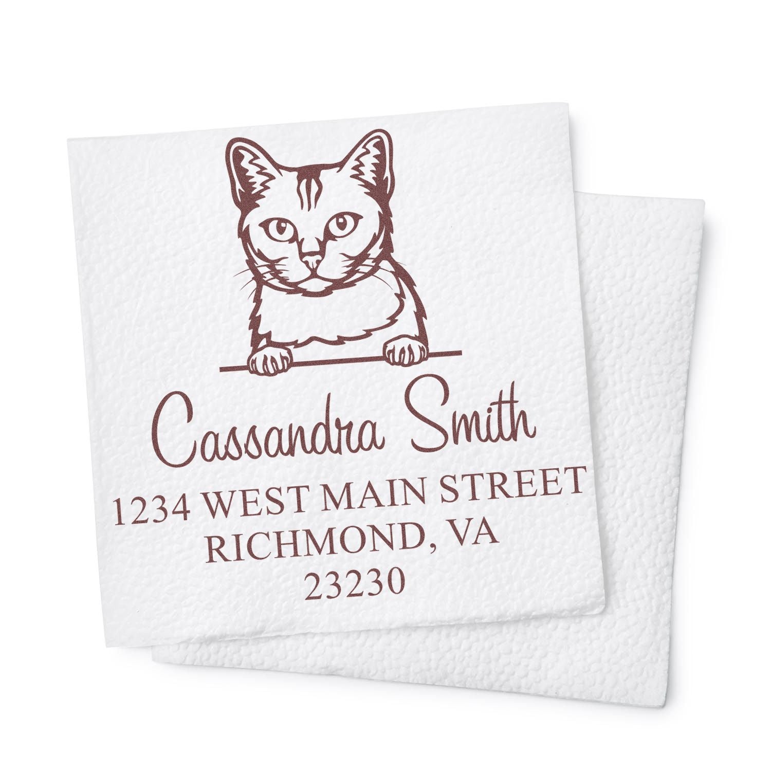 Brown cat custom address stamp in brown ink on textured white paper, with Cassandra Smith and Richmond, VA address.