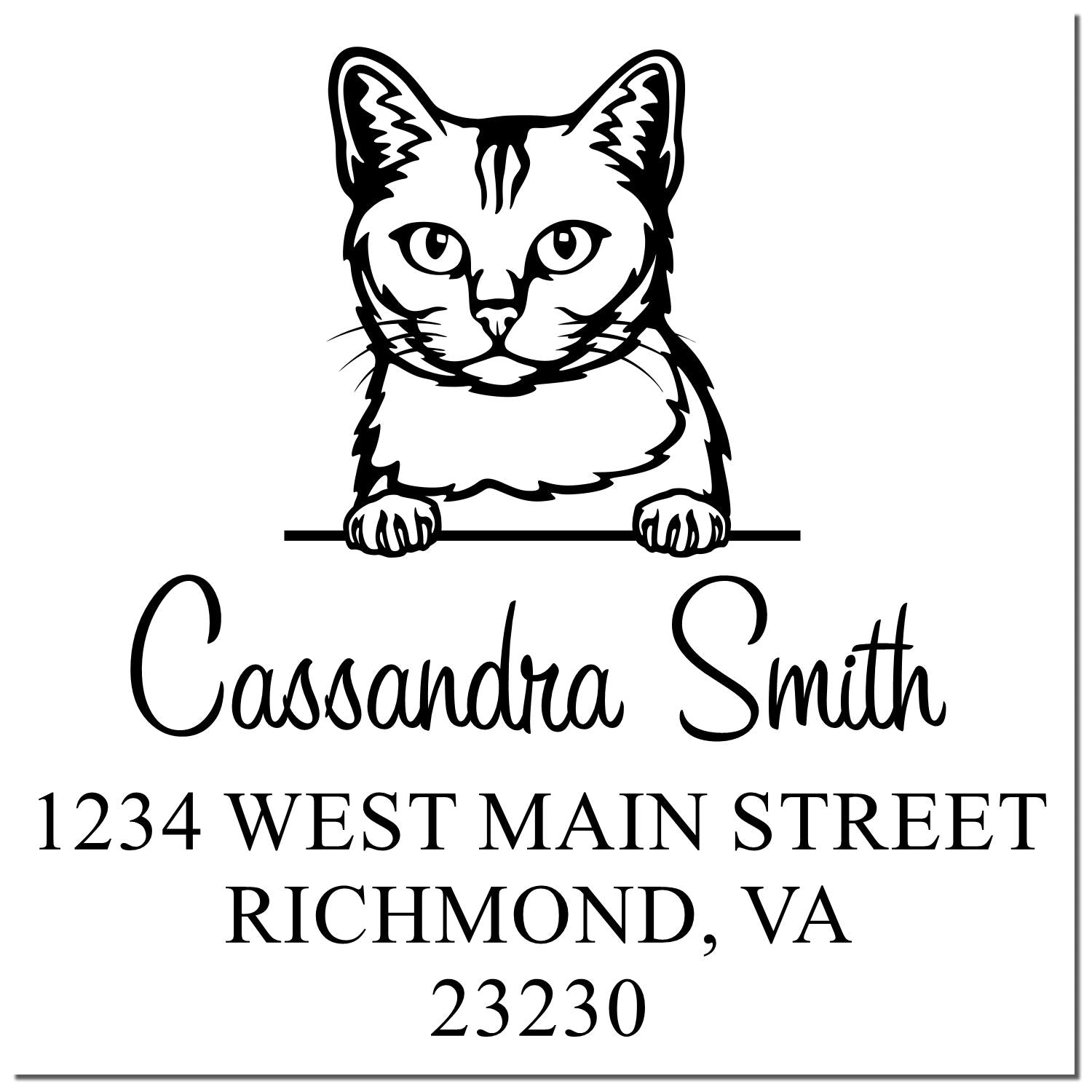 Custom black-and-white cat stamp seal with Cassandra Smith name and Richmond, VA address.