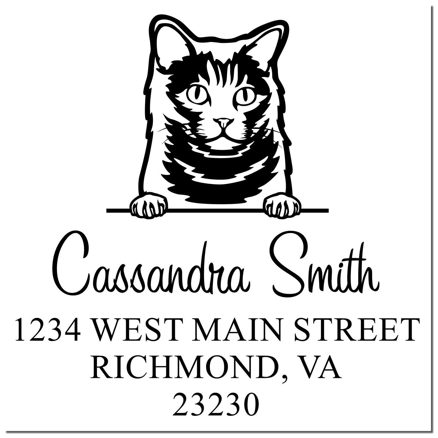 Black-and-white custom cat address stamp and seal with Cassidy Smith, 1234 West Main Street, Richmond, VA 23230