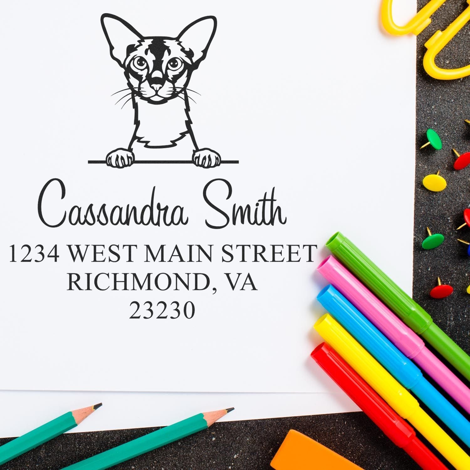 Wood Handle Colorpoint Shorthair Cat Name and Address Stamp - Engineer Seal Stamps
