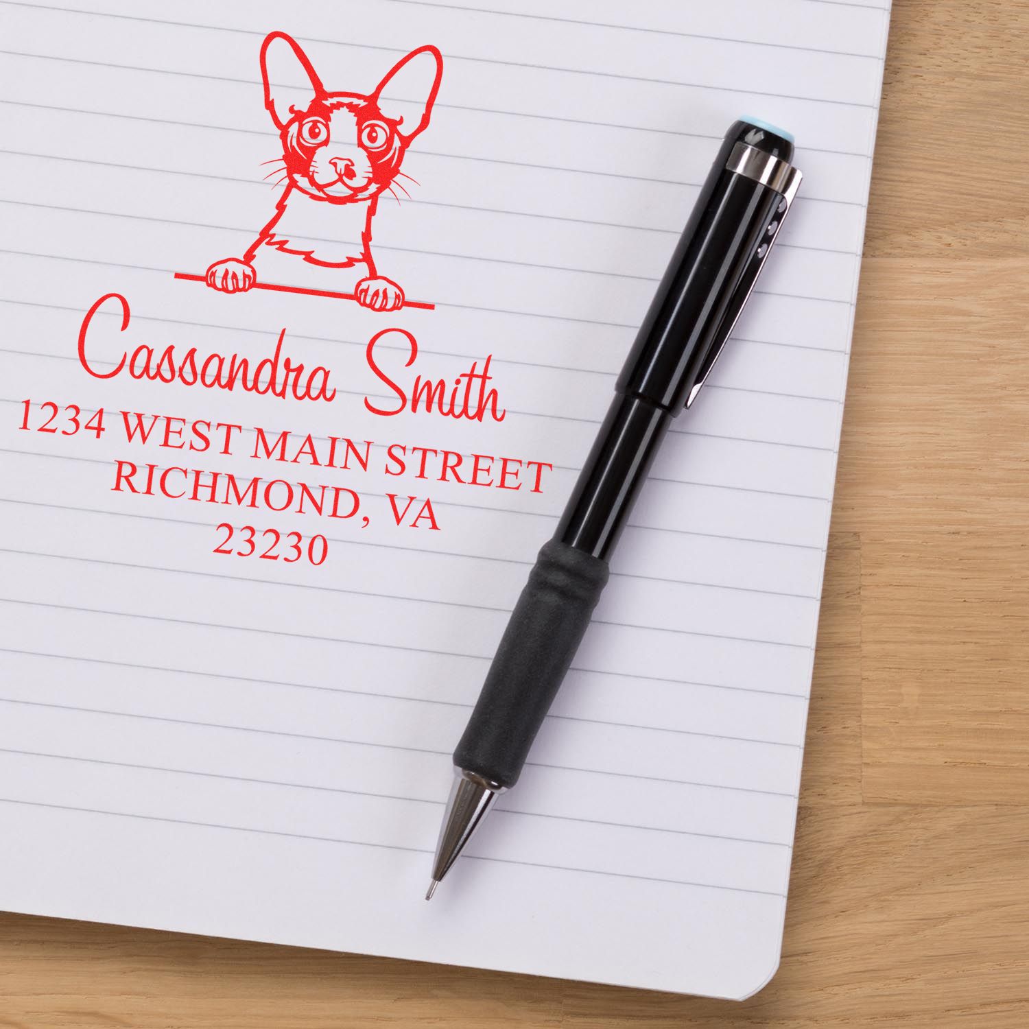 Wood Handle Cornish Rex Cat Round Address Stamp - Engineer Seal Stamps