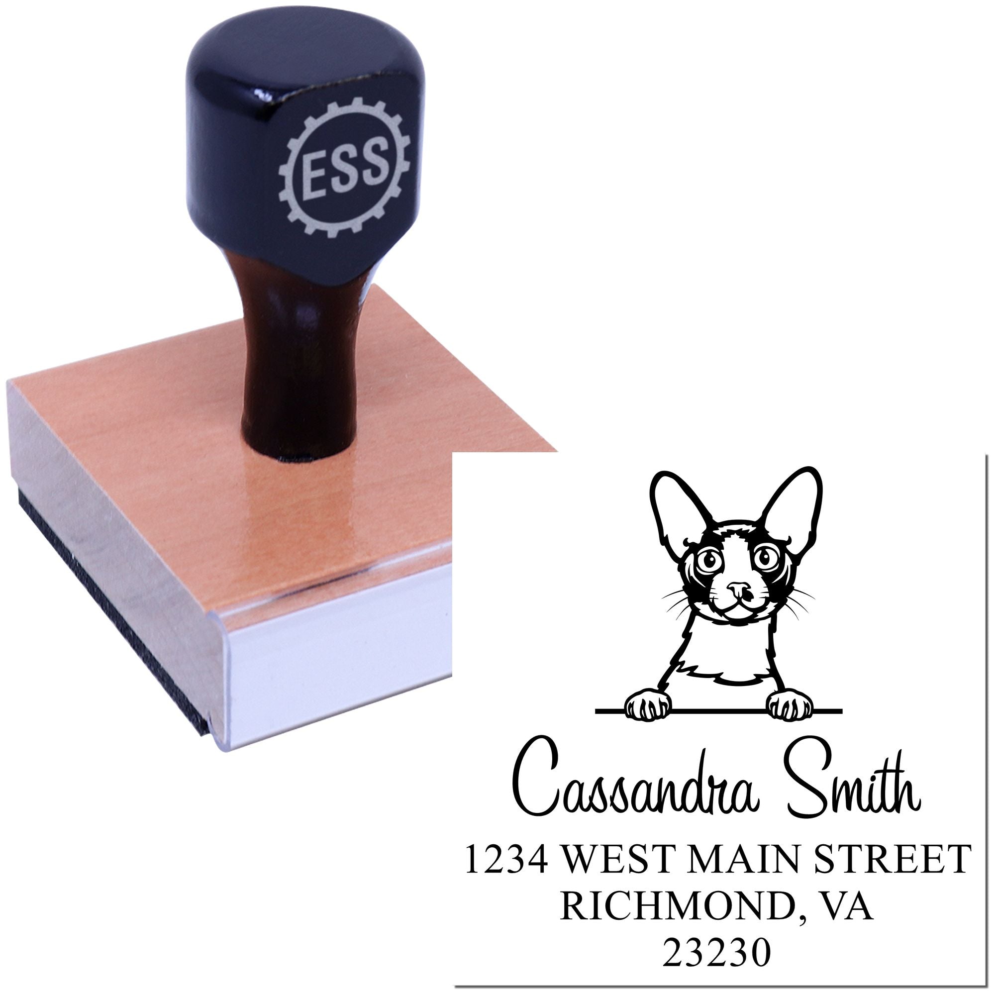 Wood Handle Cornish Rex Cat Round Address Stamp - Engineer Seal Stamps