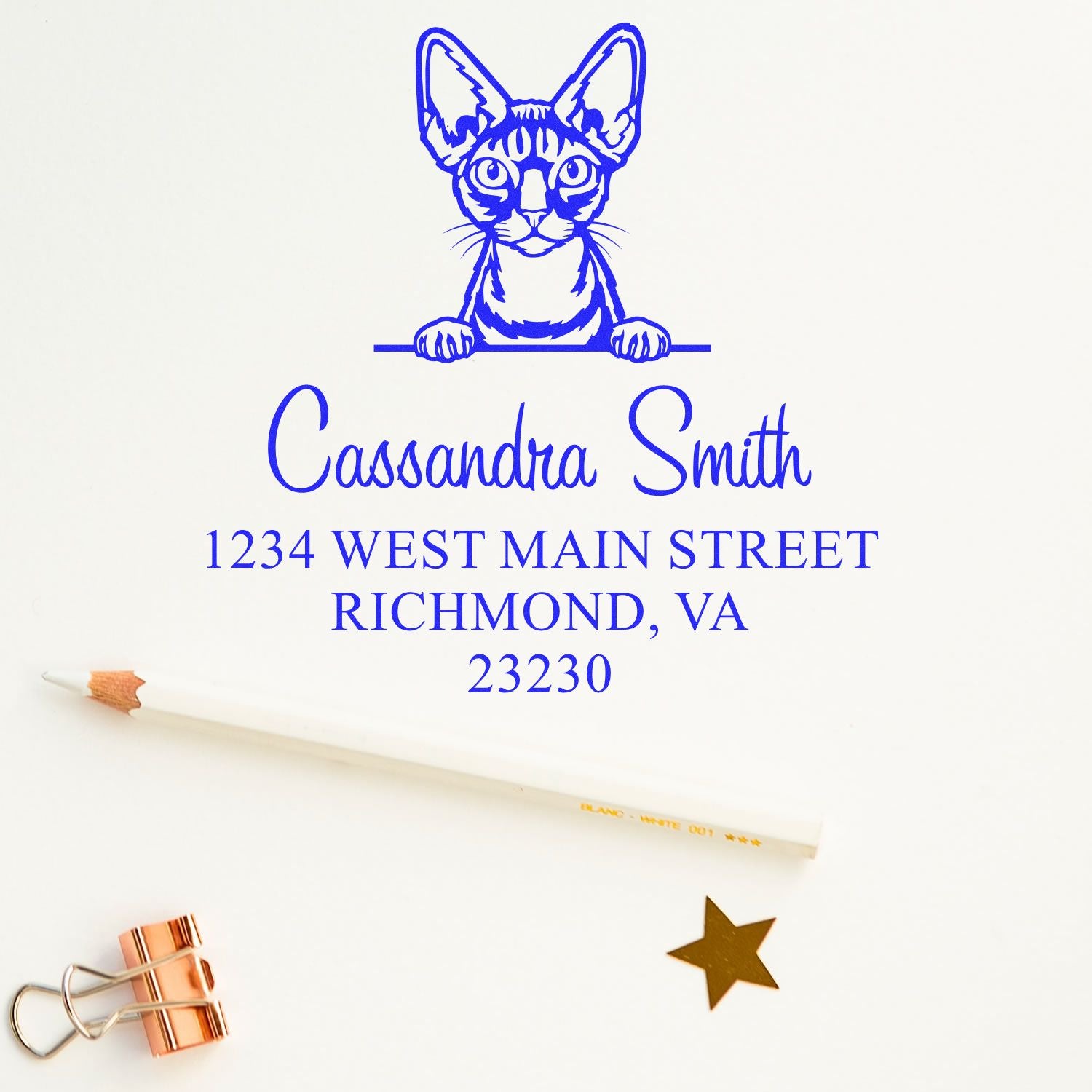 Pre-Inked Devon Rex Cat Personalized Name and Address Stamp - Engineer Seal Stamps