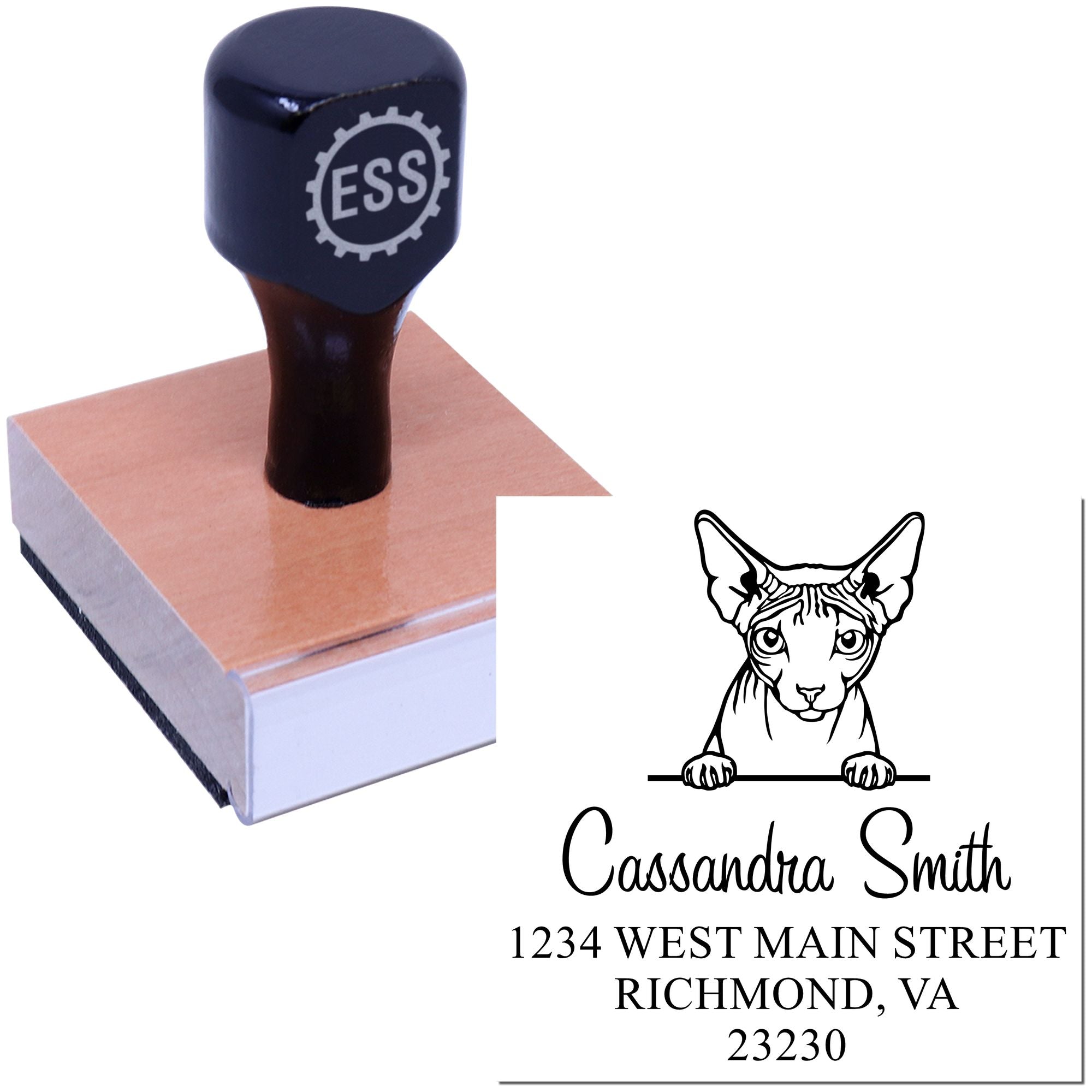 Wood Handle Don Sphynx Cat Large Return Address Stamp - Engineer Seal Stamps