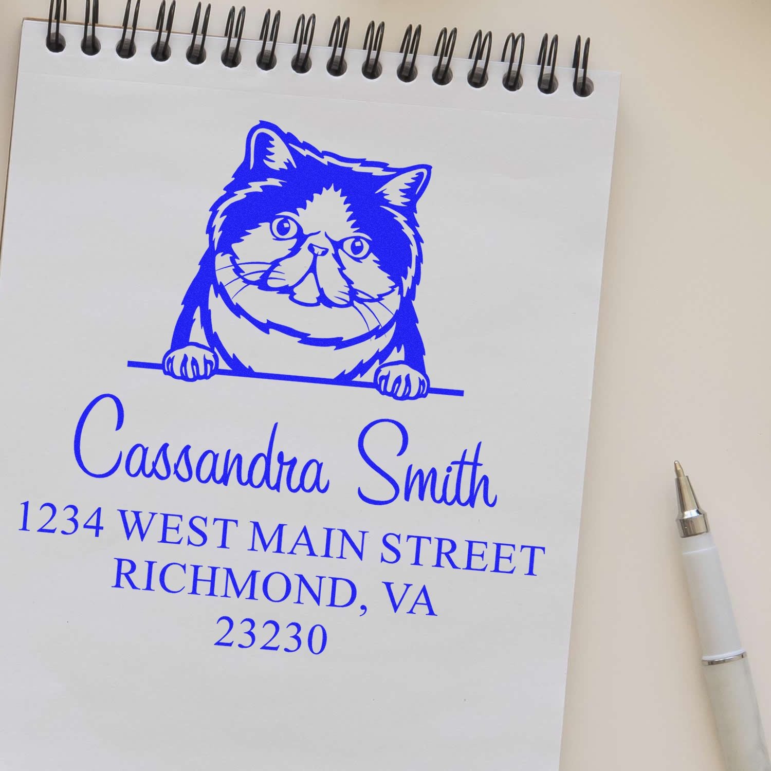 Custom blue cat stamp seal on white spiral notebook with Cassandra Smith name and Richmond, VA address beside a white pen.