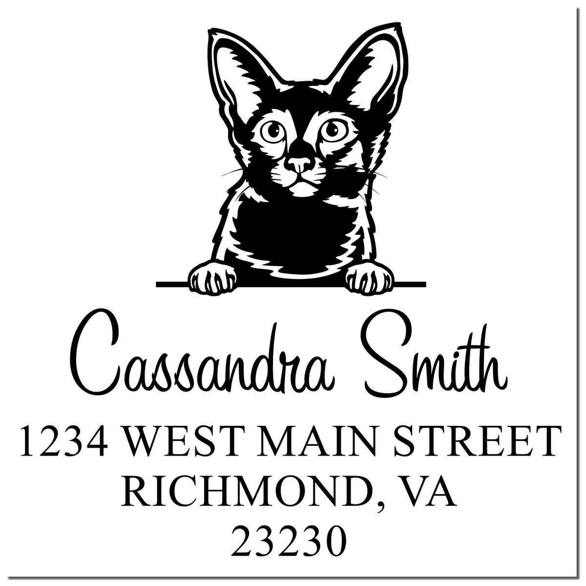 Black custom cat address stamp/seal with Cassandra Smith and Richmond, VA address on white background.