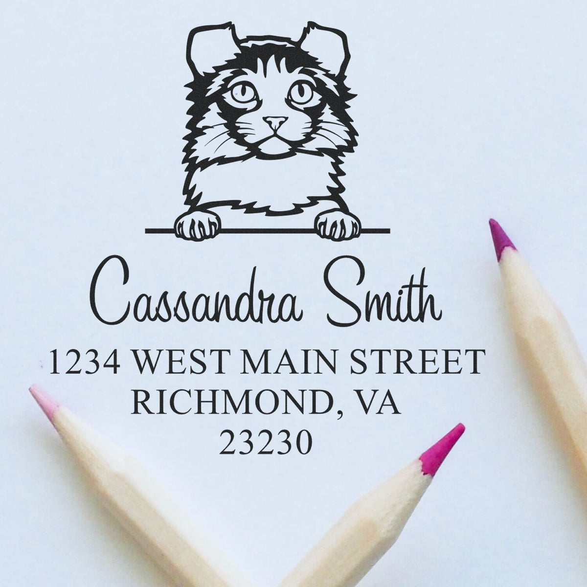 Black cat custom address stamp and seal on white paper, with purple pencil tips: Cassandra Smith, Richmond, VA 23230.