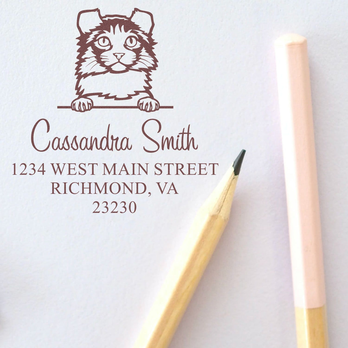 Brown custom cat stamp and address seal on white paper, with a pencil and pale pink pen.