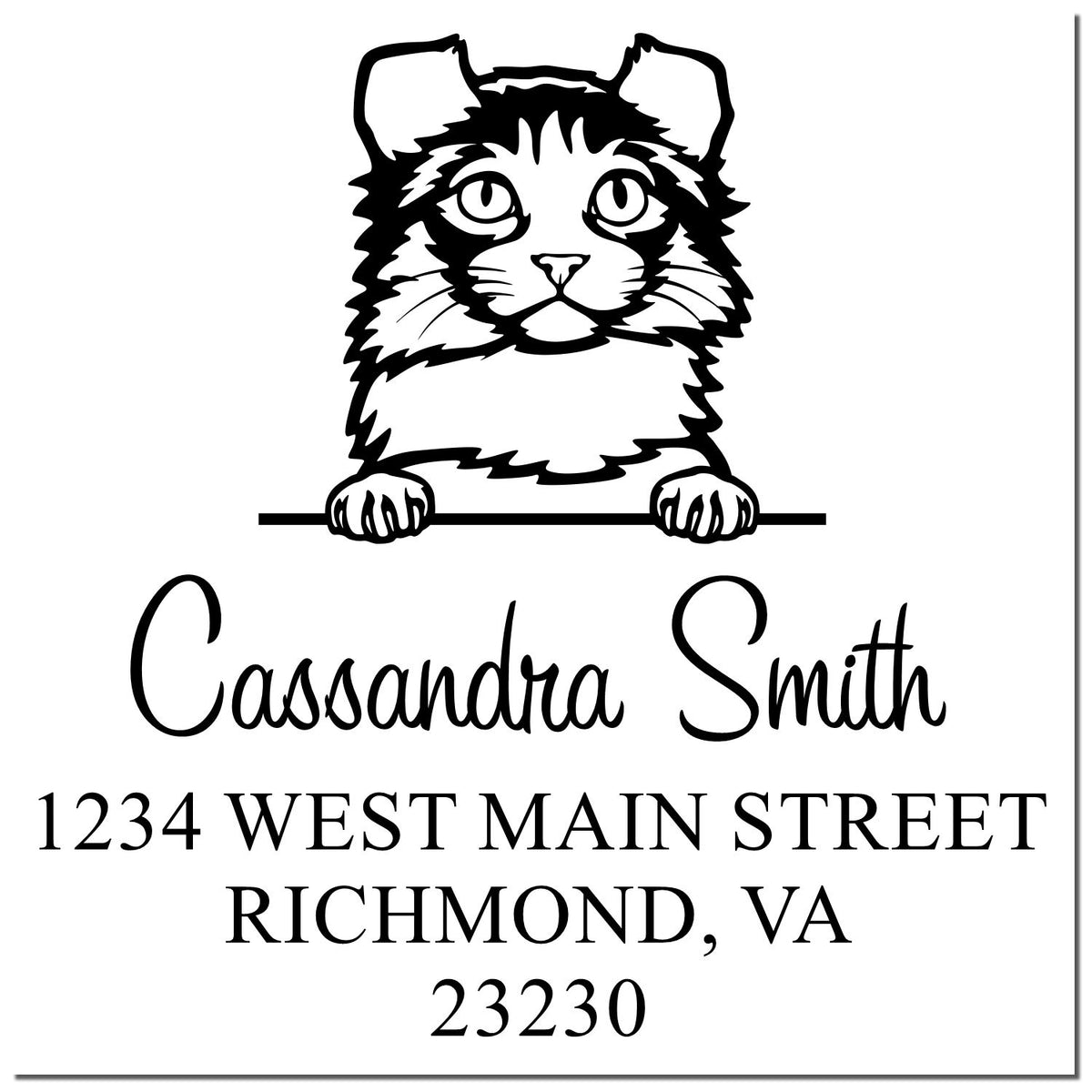 Black-and-white custom stamp and seal with cat illustration, Cassandra Smith, and Richmond, VA 23230