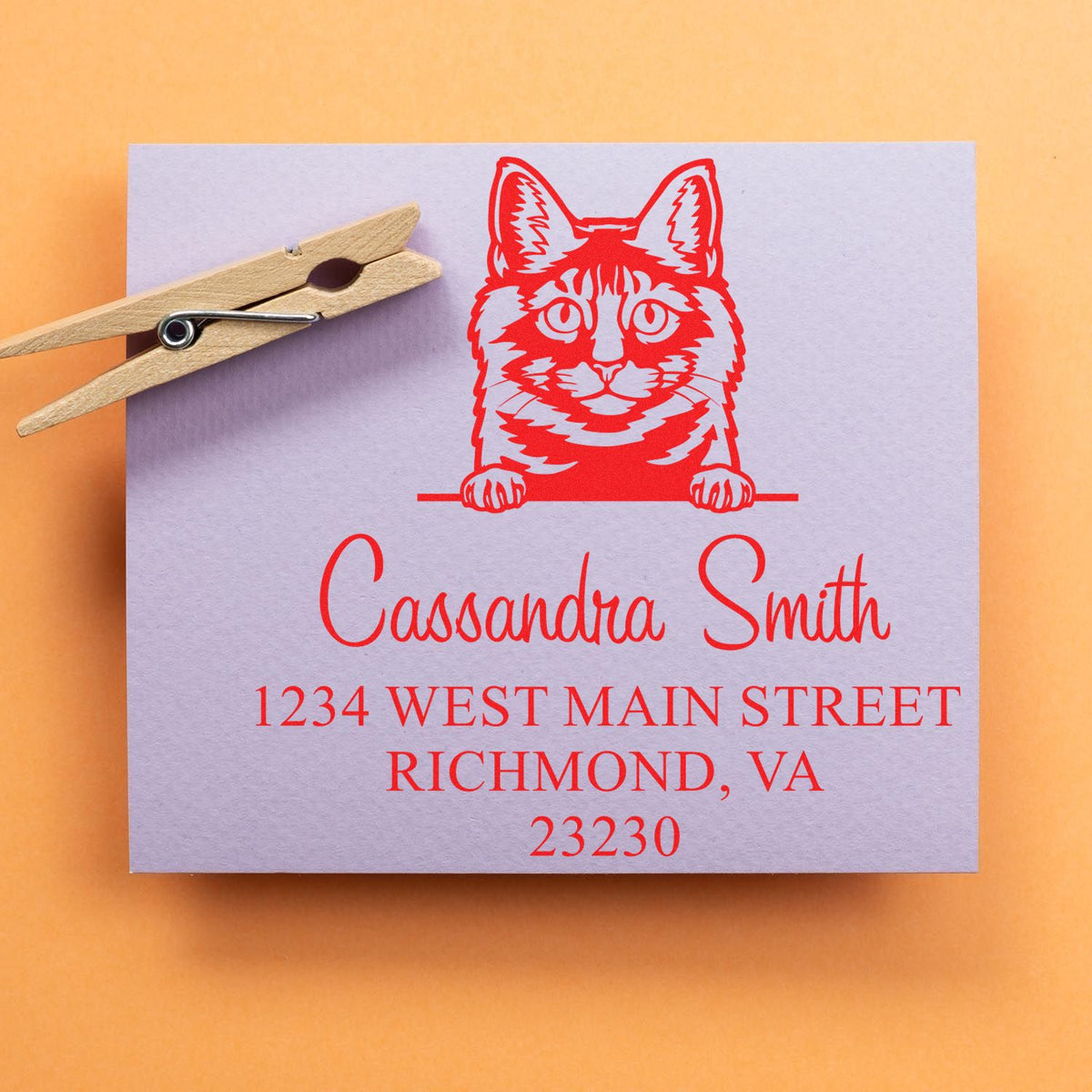 Wooden clothespin beside a custom red cat return address stamp and seal on lavender paper, set on an orange background.