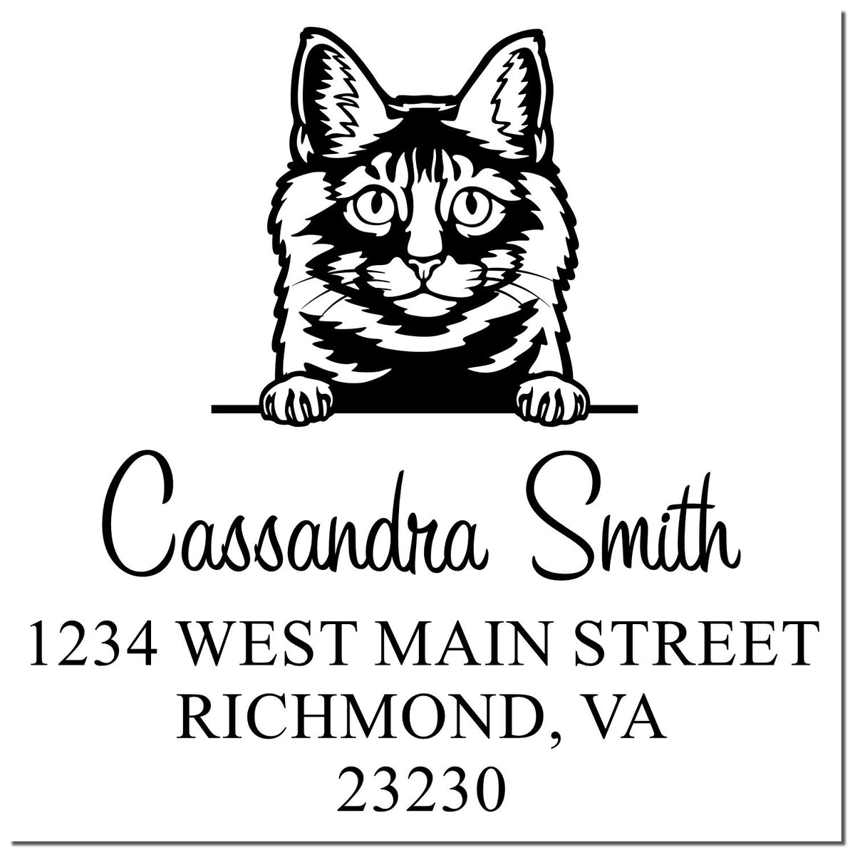 Black-and-white custom address stamp with cat seal, reading Cassandra Smith, 1234 West Main Street, Richmond, VA 23230.