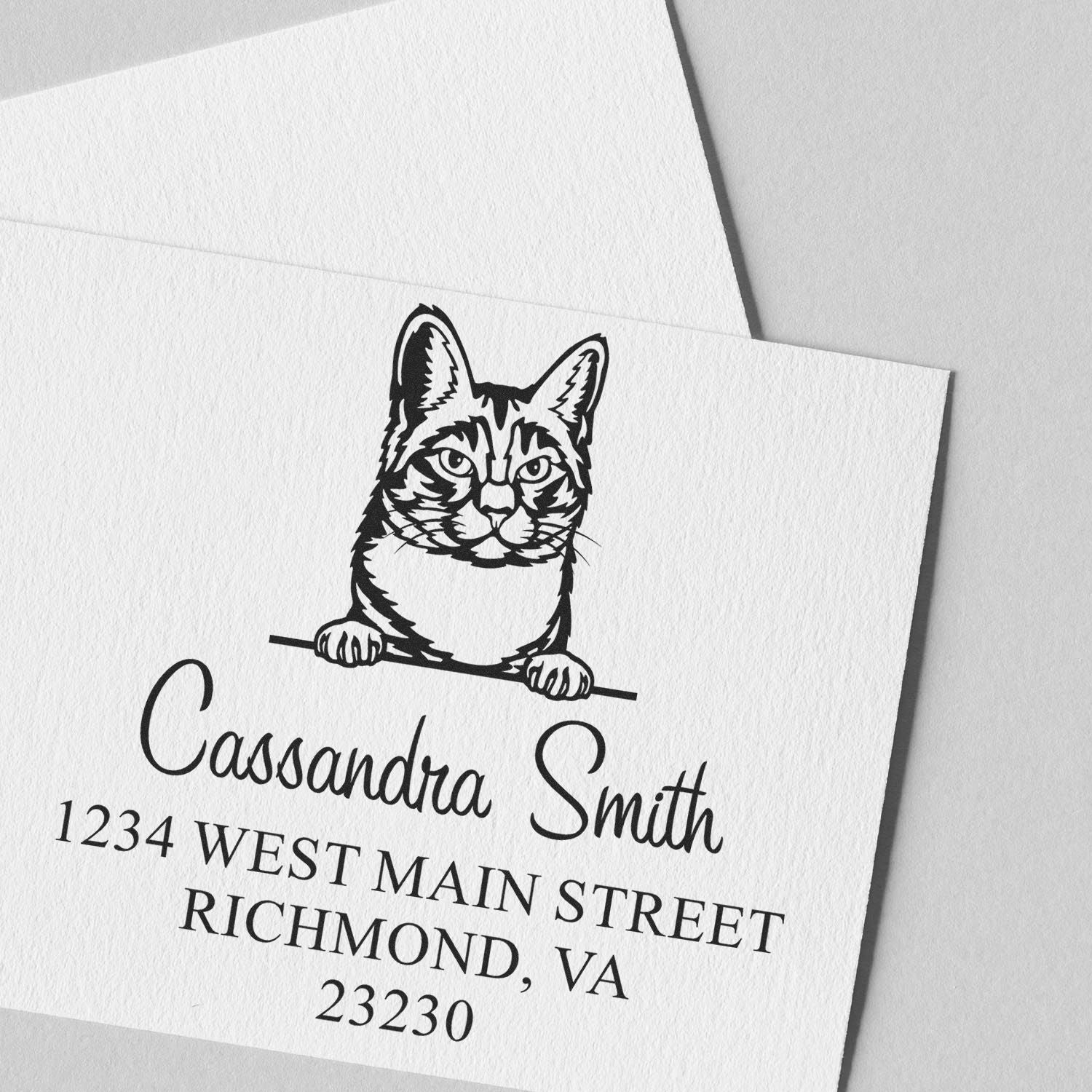 Black custom stamp and seal with cat illustration, Cassandra Smith address, on white textured paper.