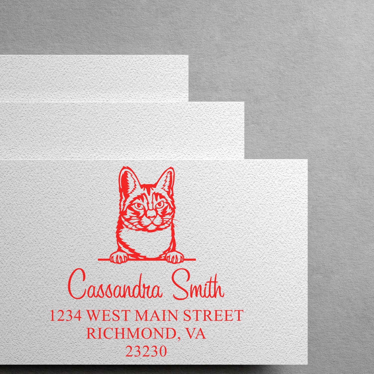 White textured custom stamp and seal with red cat design, Cassandra Smith name, and Richmond, VA address.