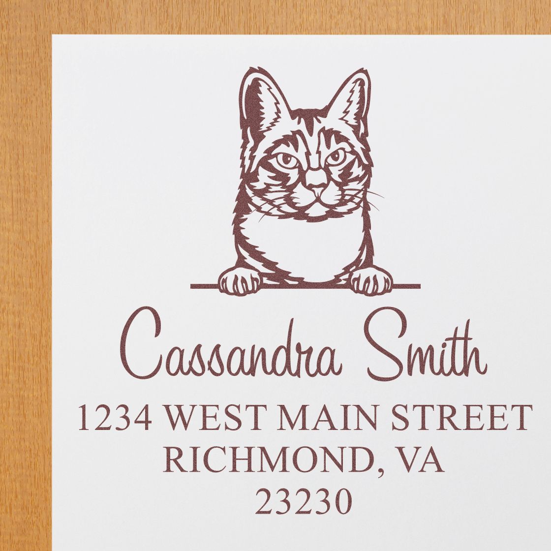 Custom stamp and seal with brown cat illustration, Cassandra Smith, and Richmond, VA address on a white background.