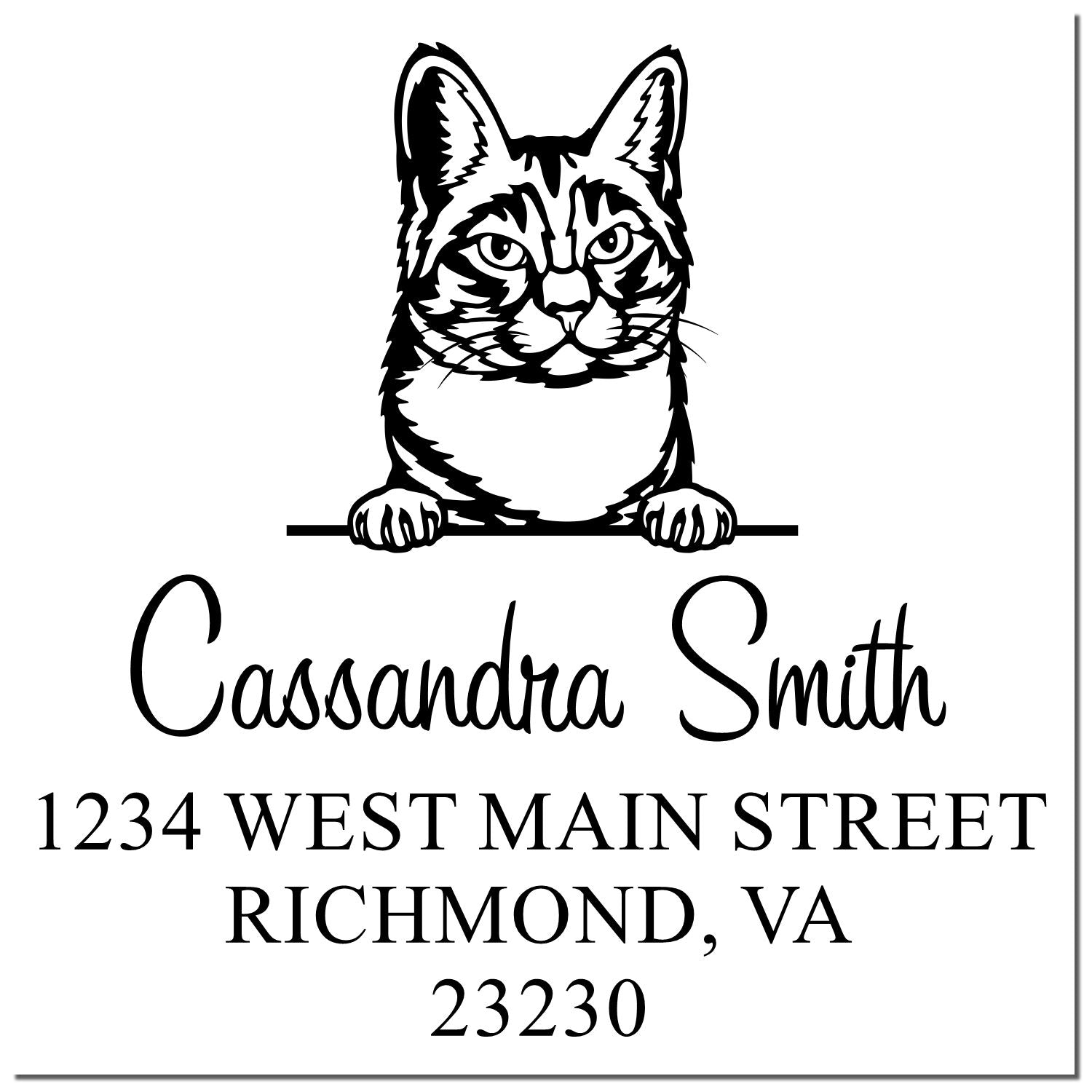 Black-and-white custom cat address stamp and seal with Cassandra Smith name, Richmond, VA address, and 23230 ZIP code.