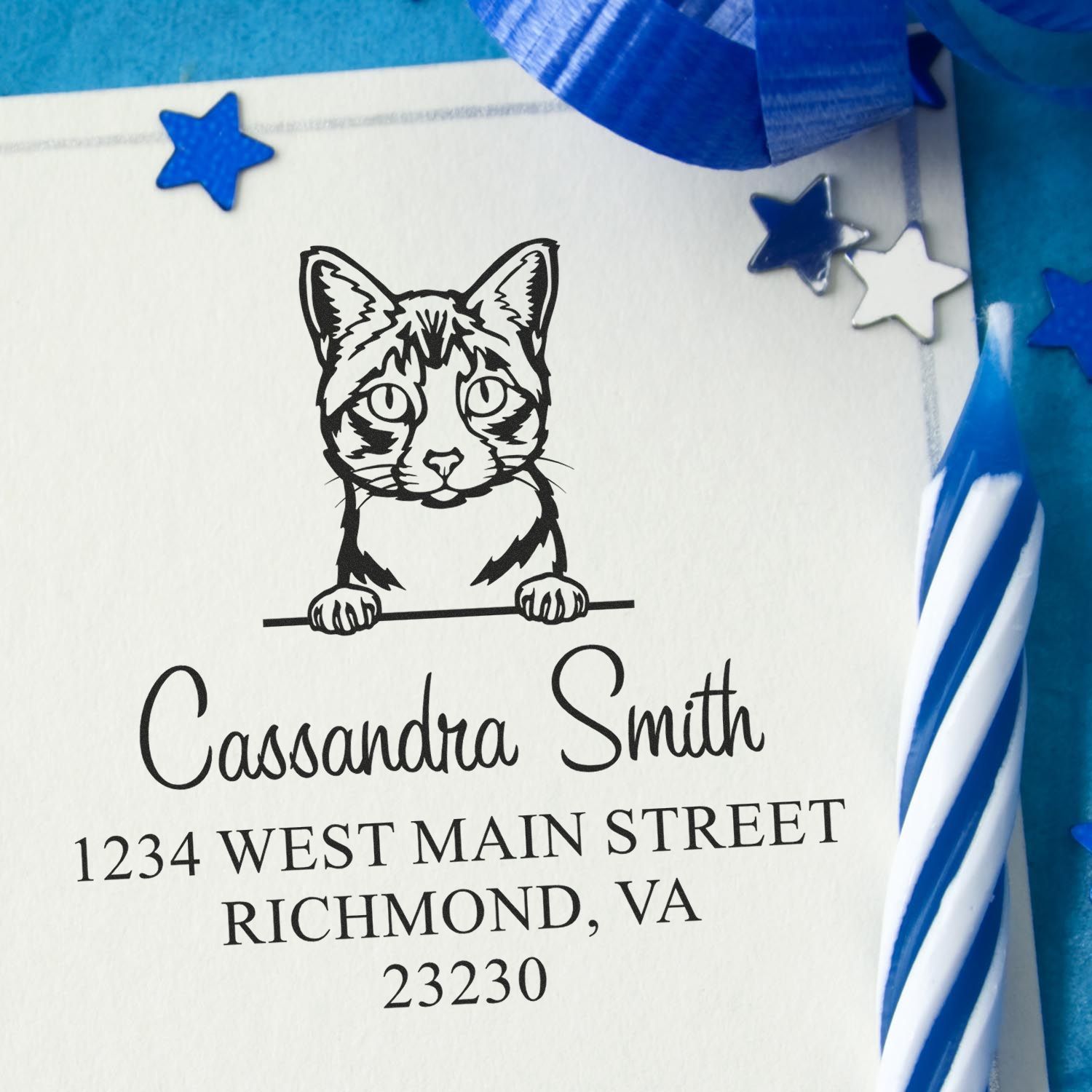 Pre-Inked Ojos Azules Cat Custom Made Address Stamps 3 Lines Stamp - Engineer Seal Stamps